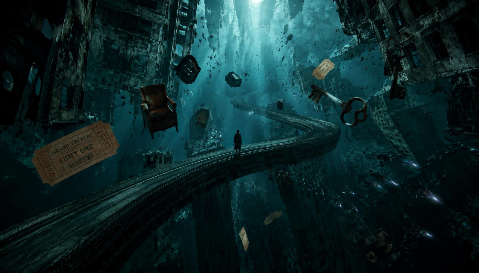 Photorealistic surreal scene of a deserted city street experiencing inverted gravity. Crumbling concrete buildings peeling away into an abyssal deep ocean trench, with fragments of furniture, vintage tickets, and rusted keys floating upward like schools of luminescent deep-sea creatures. A solitary silhouetted figure standing on an infinite circuitous bridge. Volumetric god rays cutting through dark teal water, hyper-detailed, cinematic anamorphic lens, dark surrealist aesthetic.
