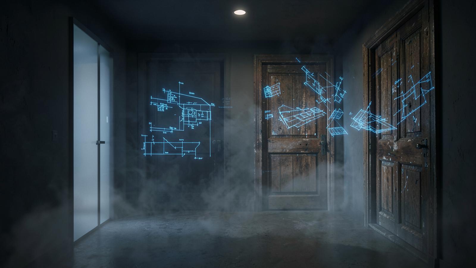A surreal, cinematic hallway where two contrasting front doors face each other: one modern minimalist and one aged vintage wood, glowing architectural blueprints floating mid-air, dark atmospheric lighting, photorealistic, volumetric mist, 8k resolution.