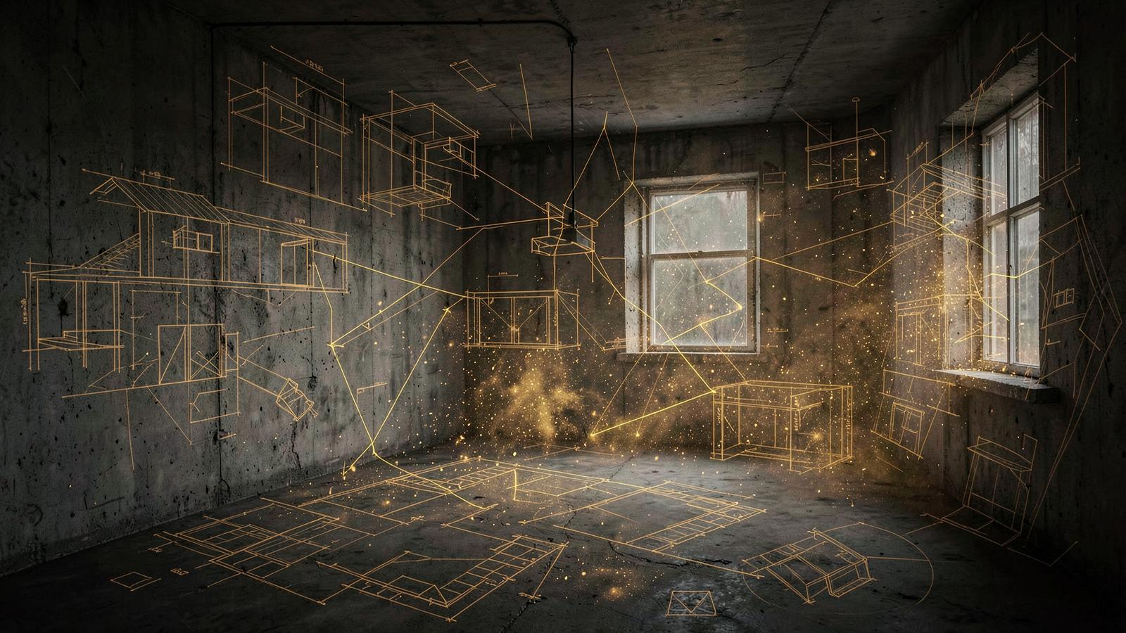 Introspective surreal interior where an unrenovated concrete apartment seamlessly overlaps with warm wooden architectural drawings, glowing blueprint lines dissolving into golden dust, cinematic dark moody lighting, hyper-realistic texture.