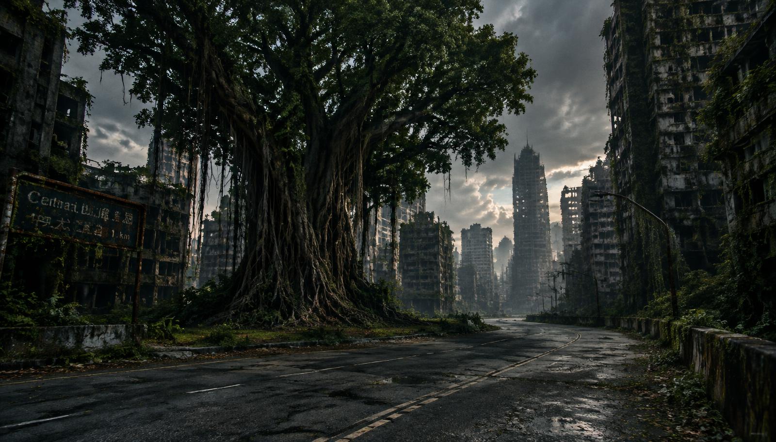 Cinematic wide shot of a post-apocalyptic urban boulevard in Taipei, decaying concrete skyscrapers overgrown with wild vines, a solitary ancient giant banyan tree standing at a cracked asphalt road turn, dramatic dark atmosphere, moody lighting, 35mm film photography, photorealistic.