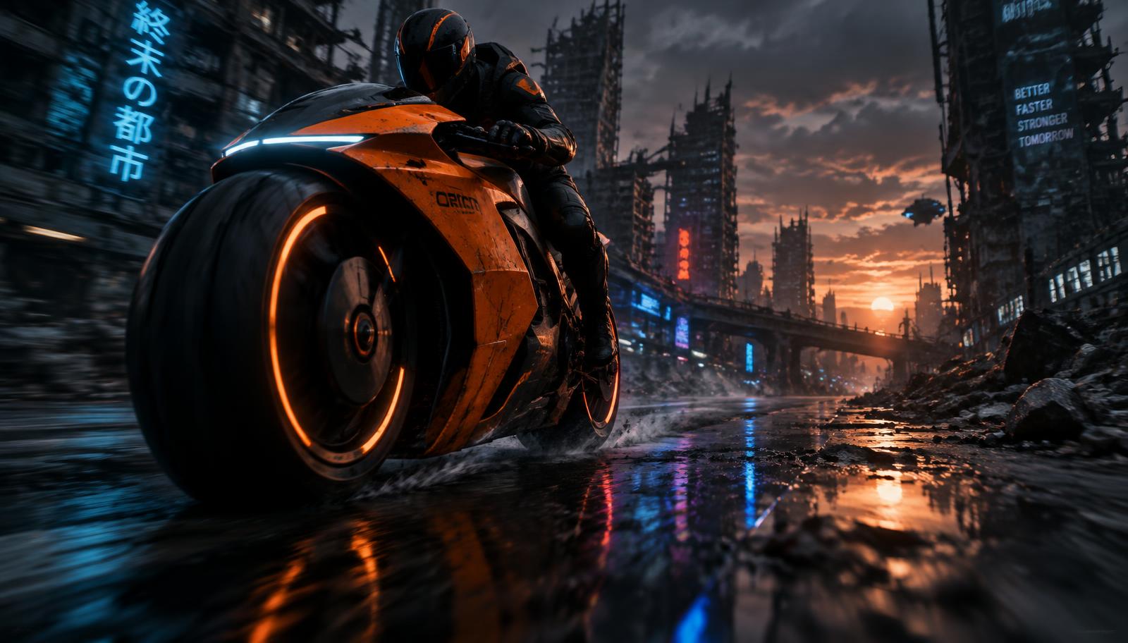 A futuristic sleek orange concept motorcycle speeding through a dystopian ruined city street at dusk, cinematic low angle, motion blur, cold neon reflections on broken pavement, hyper-realistic, dark moody tones.