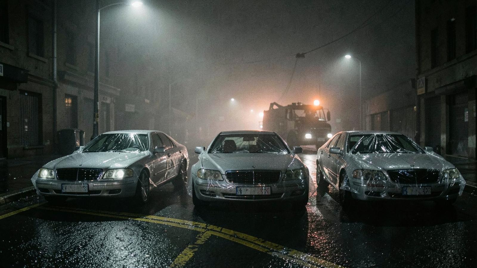 A cinematic, photorealistic night scene on a rain-slicked urban asphalt street. Three identical, pristine luxury cars are parked along a yellow-marked curb under cold sodium-vapor streetlights. Inside the vehicles, the car seats are still completely sealed in tight, transparent protective plastic covers, reflecting wet ambient light. In the background, the ominous silhouette and glowing amber beacon of a heavy tow truck loom through the deep mist, dark moody atmospheric lighting, 35mm film still.