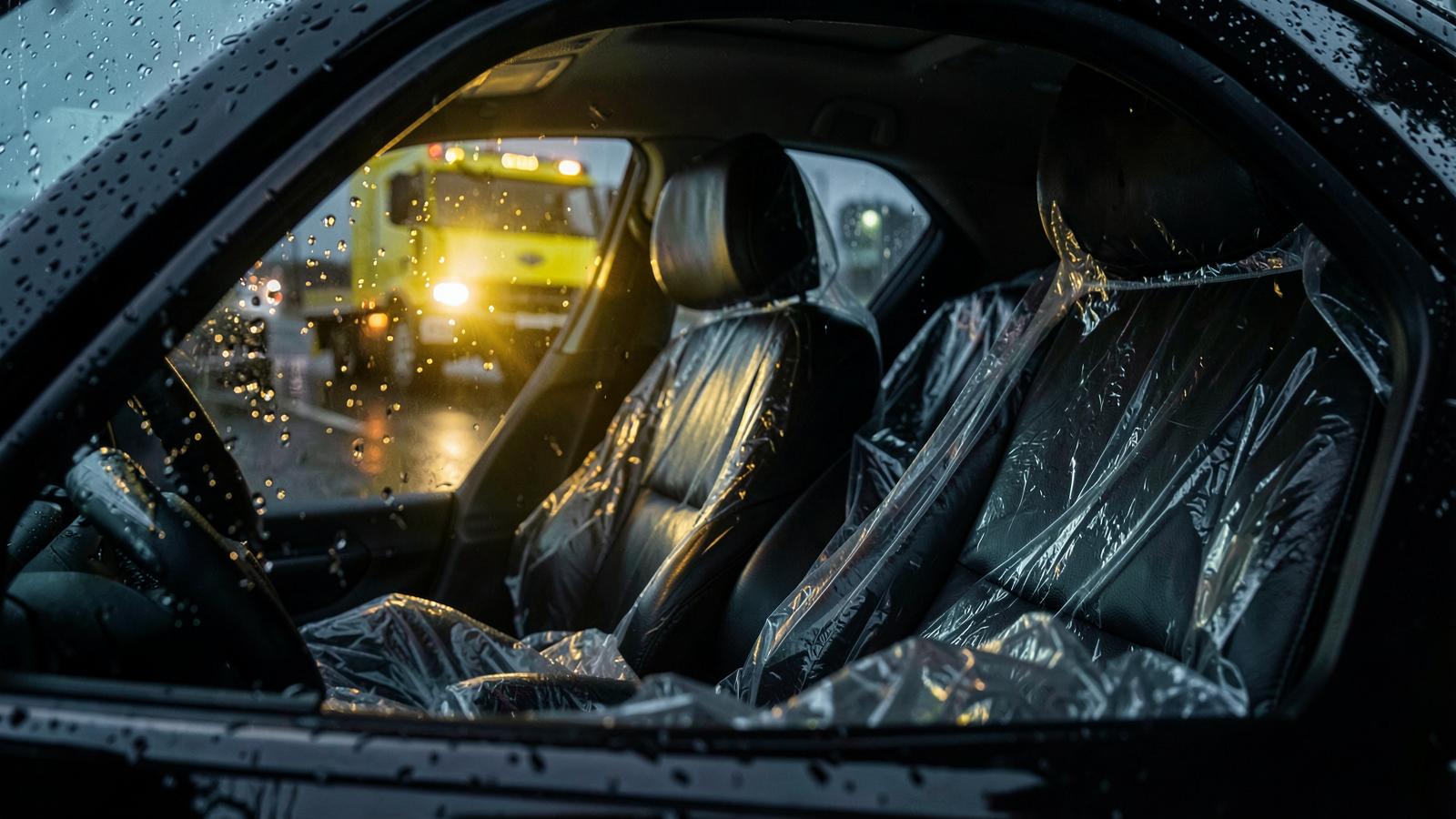 A close-up surreal shot peering through a rain-streaked car window at flawless dark leather car seats enveloped in pristine factory plastic wrap. An intense golden-yellow warning light from an approaching tow truck casts harsh shadows and high-contrast reflections across the vehicle interior, cold desaturated color palette, cinematic depth of field, photorealistic, eerie and tense atmosphere.