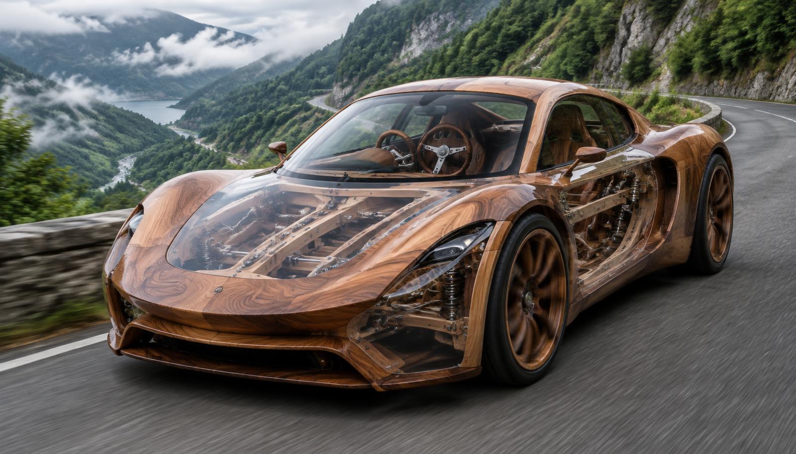 Surreal photorealistic wooden BMW-inspired modified car descending a winding road on Yangmingshan, richly detailed natural wood grain, transparent body revealing layered chassis and mechanical connections, a custom safety steering wheel visible inside, a faint overlapping silhouette of a converted cargo truck, lush green mountain scenery, soft mist and natural daylight, cinematic automotive photography, no text.