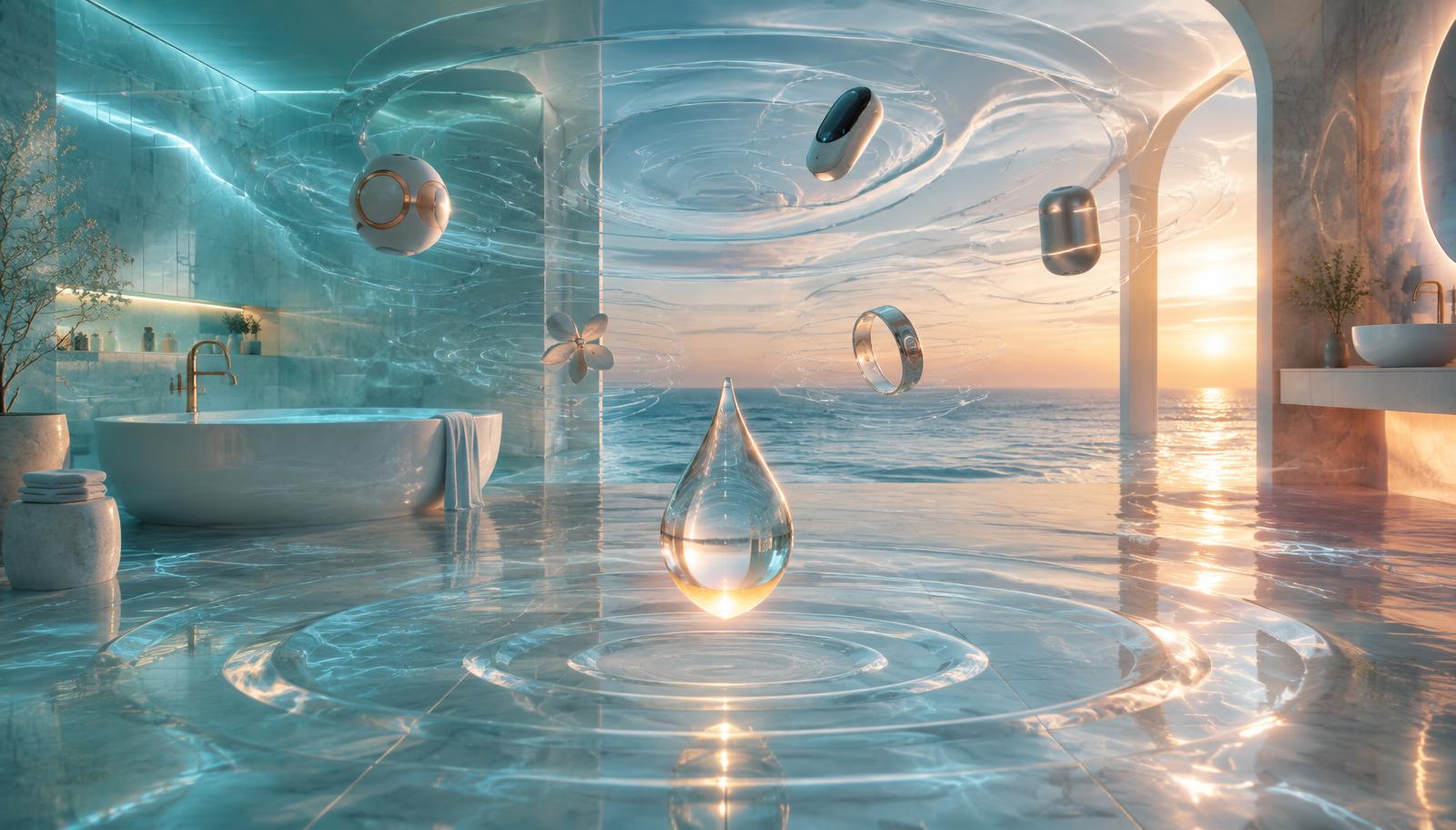 A surreal bathroom gently expanding like an ocean tide, translucent concentric ripples floating above immaculate tiles, small elegant device prototypes suspended in slow rotation, a single glowing water droplet in the foreground, balanced cool aqua and warm dawn lighting, photorealistic surreal cinematic, wide environmental composition, no people, no facial close-ups, no readable text, no logos.