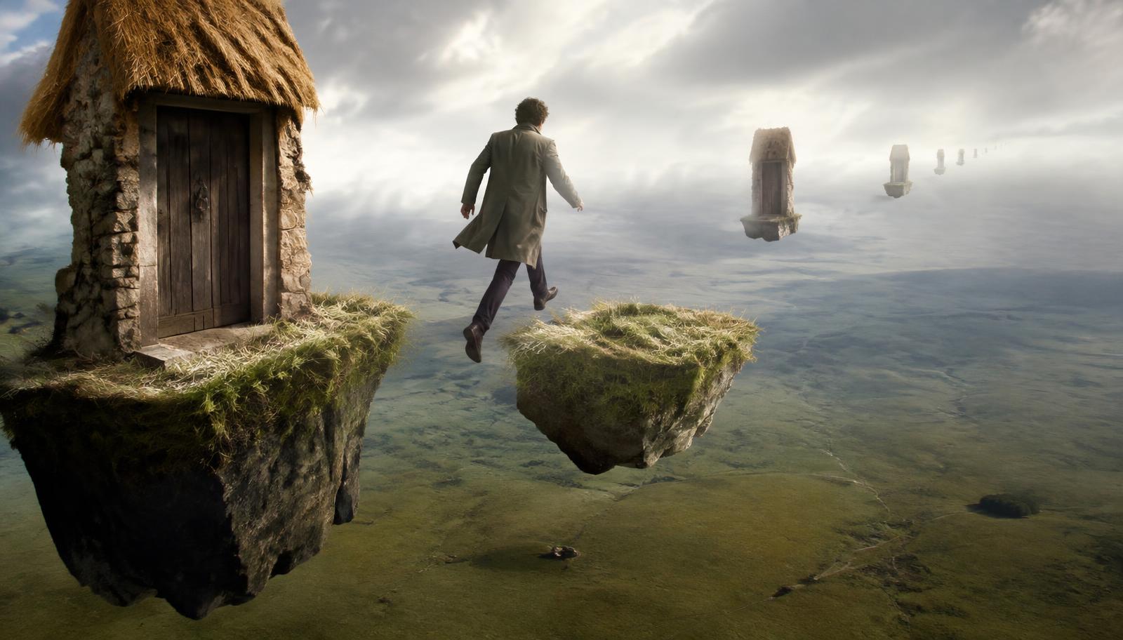 Photorealistic surreal photography from behind an anonymous figure stepping between two unsupported floating platforms high above an immense empty grassland, identical thatched cottage doorways repeating into the cloudy distance, an atmosphere of urgent movement amid uncanny stillness, natural diffused light, realistic human proportions, subtle motion blur, no text, no letters, no logos.