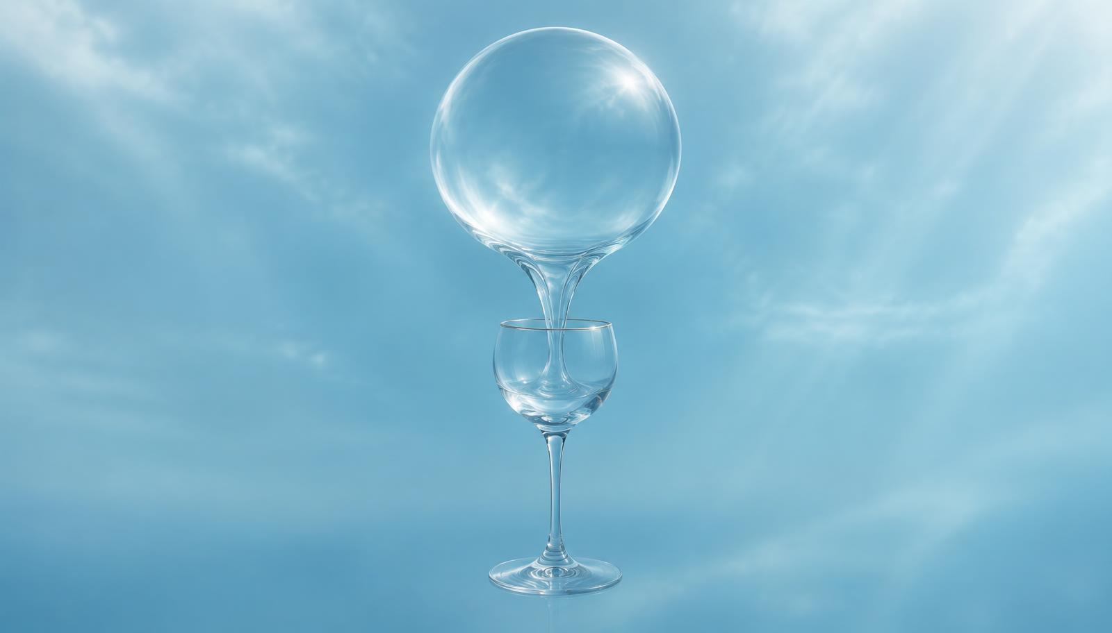 A seamless translucent circular object suspended in a boundless pale ocean-blue space, its lower edge gently stretching downward into an elegant wine glass with a slender stem and round base, delicate silver rim reflections, tactile glasslike fluid material, photorealistic surreal cinematic, soft volumetric lighting, macro material detail, no facial close-ups, no readable text, no logos.