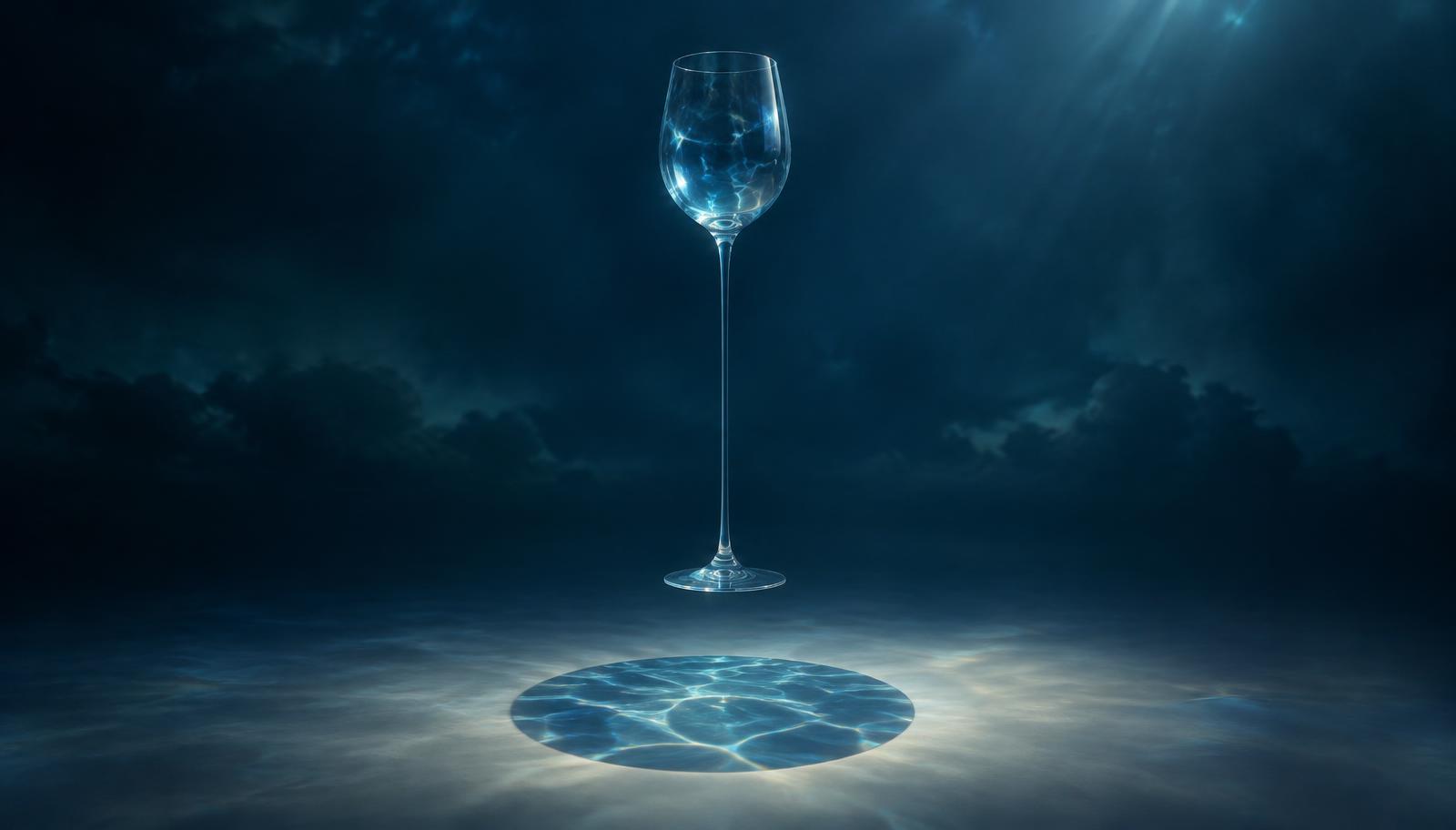 An empty crystal wine glass hovering above a softly illuminated surface, casting a perfectly circular shadow filled with subtle ocean ripples, blue caustics shimmering across the glass, an impossibly elongated transparent stem fading into deep atmospheric space, photorealistic surreal cinematic, restrained composition, dreamlike depth, no people, no readable text, no logos.