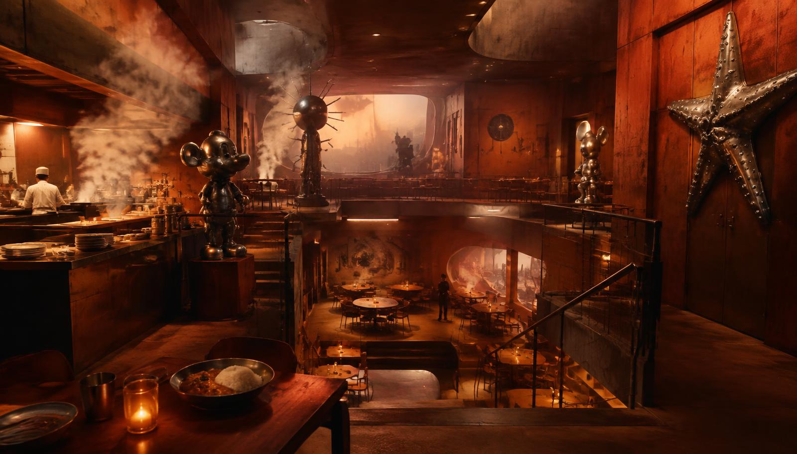 Surreal photorealistic photography of a vast curry restaurant spanning a ground floor and basement in Taipei's East District, an abandoned design office inside, scattered steel cartoon sculptures, a heavy starfish-shaped metal artwork outside a side door, curry steam drifting through rust-colored light, dreamlike architectural continuity, tactile metal surfaces, cinematic 35mm film grain, no readable text.