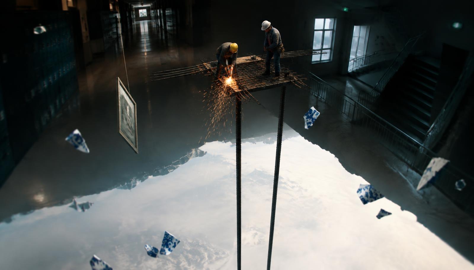 Surreal photorealistic photography of an impossibly high construction platform supported by only two slender rebars, two workers cutting steel above a bottomless pale void, the construction site dissolving into a dark junior high school corridor and an exit staircase, a thin graduation certificate suspended in the air, tiny blue-and-white porcelain fragments catching light, dramatic perspective, realistic industrial textures, cinematic natural lighting, no gore, no readable text.