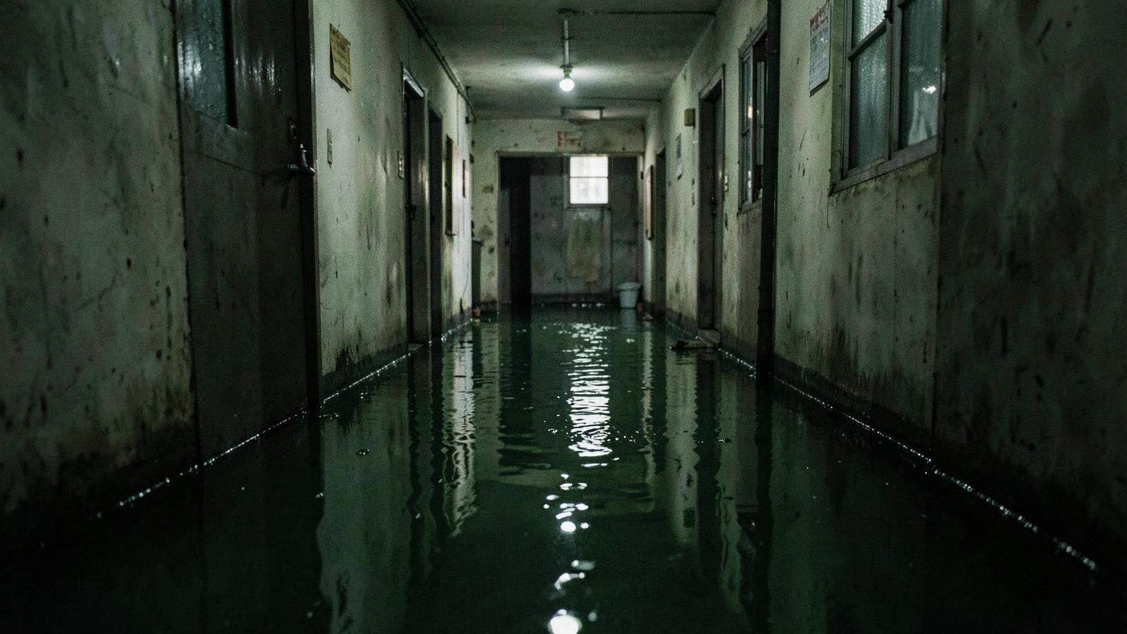 A dimly lit Taiwanese old apartment hallway slowly submerged under thick, viscous dark green liquid, reflective surface like swamp water, ominous yet poetic atmosphere, cinematic 35mm film still, photorealistic.