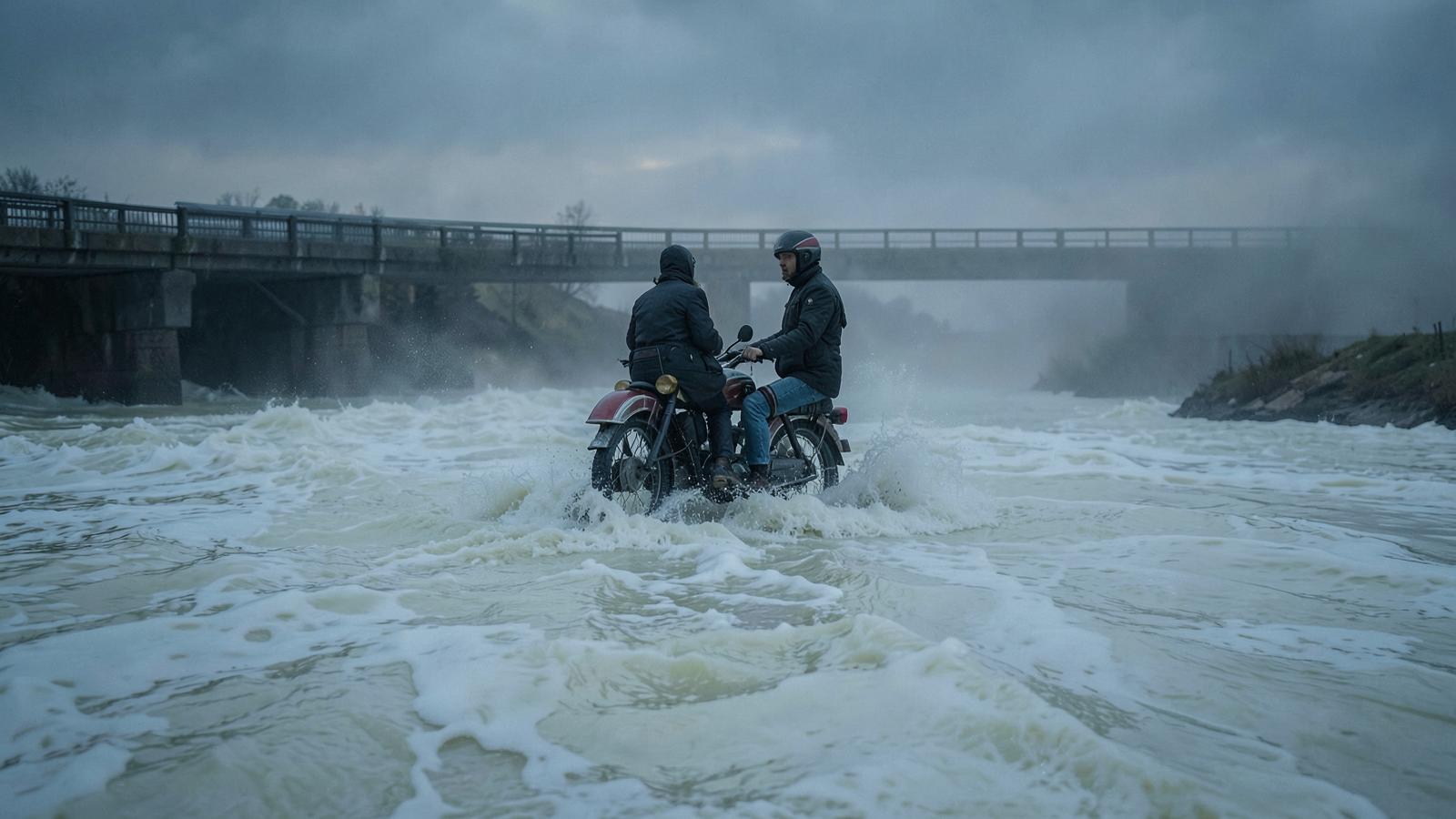 Surreal cinematic shot of two figures riding a vintage motorcycle across a flooded bridge completely submerged in opaque milky white water, churning waves, boundary between road and river lost, misty twilight sky, photorealistic, dark atmospheric lighting.