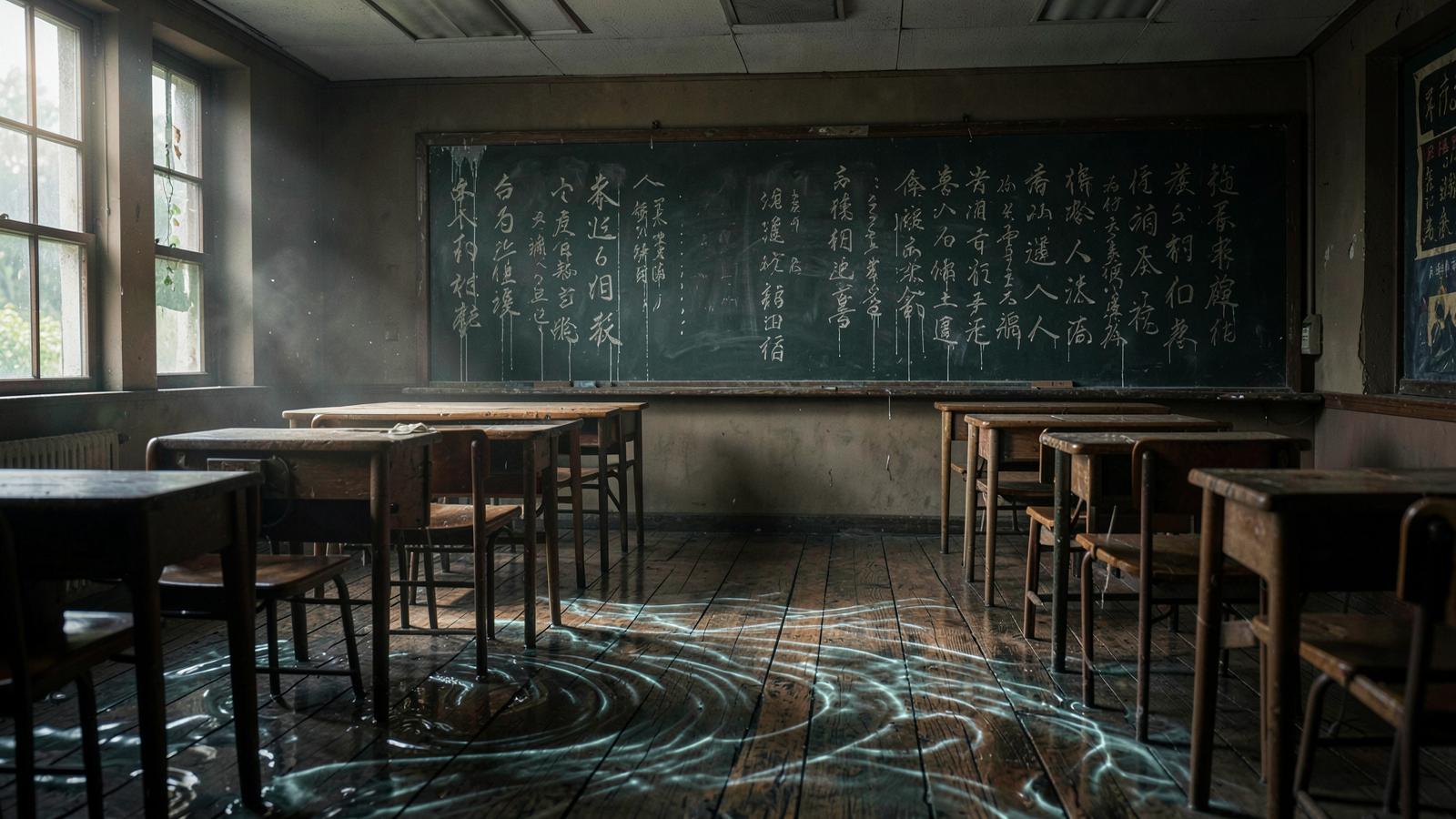 A surreal classroom where the aged hardwood floor subtly morphs into gentle ocean ripples, vintage chalkboards with dissolving Chinese calligraphy dripping like water, cinematic chiaroscuro, dreamlike and poetic ambiance, ultra-detailed.