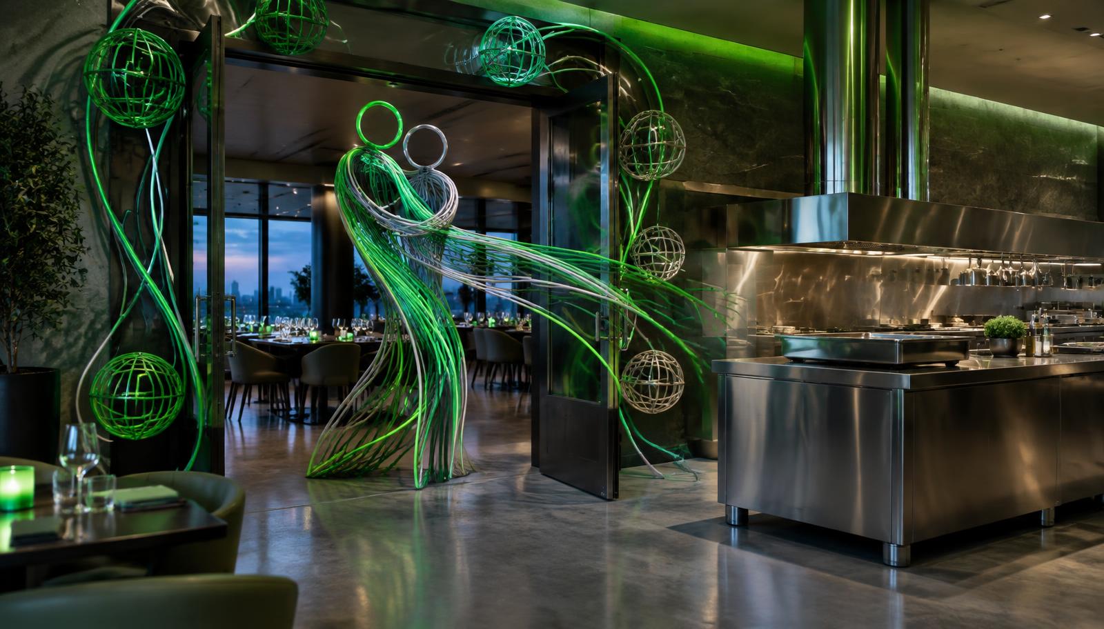 Photorealistic surreal cinematic interior of a hotel restaurant, an open doorway decorated with fluorescent rubber-coated wire loops and spherical outlines, the wires bending in a gust of wind into an abstract human-shaped embrace, a stainless steel cooking station with two chimney-like tubes and an iron tray nearby, cool metallic reflections and luminous green accents, wide composition, no facial close-ups, no readable text.