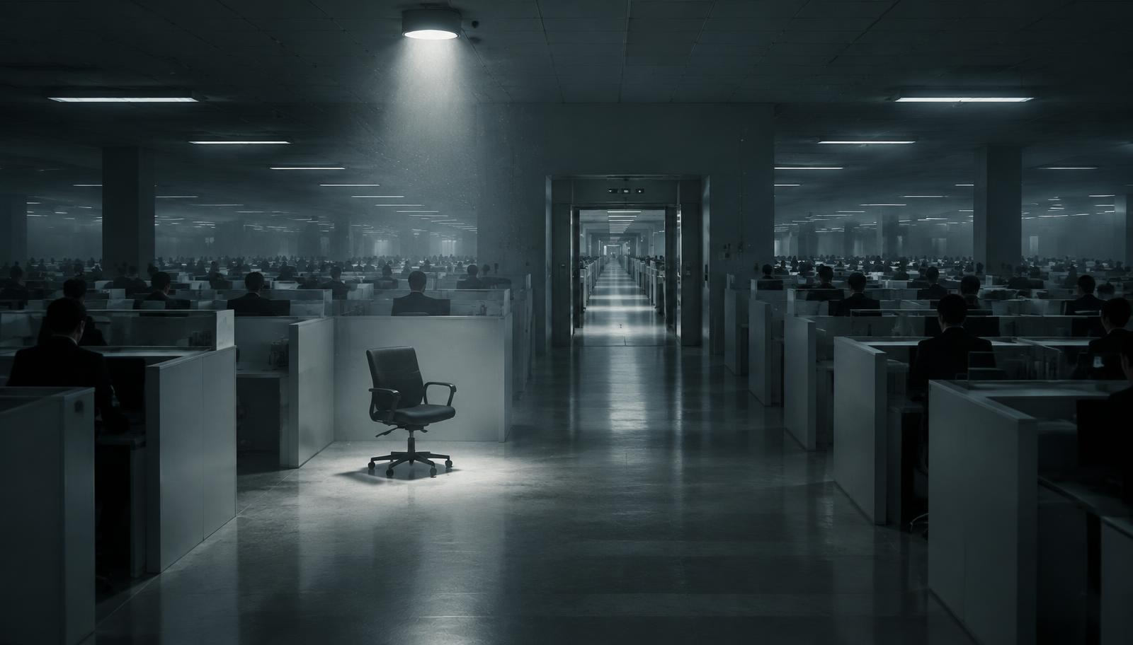 Photorealistic surreal cinematic school administrative department resembling a military-organized radiation cleanup unit, endless rows of pale office partitions and seated anonymous silhouettes, one empty chair beneath a cold overhead light, distant elevator doors opening onto another identical corridor, subtle dust in the air, dreamlike spatial repetition, melancholy atmosphere, wide-angle composition, no facial close-ups, no readable text.