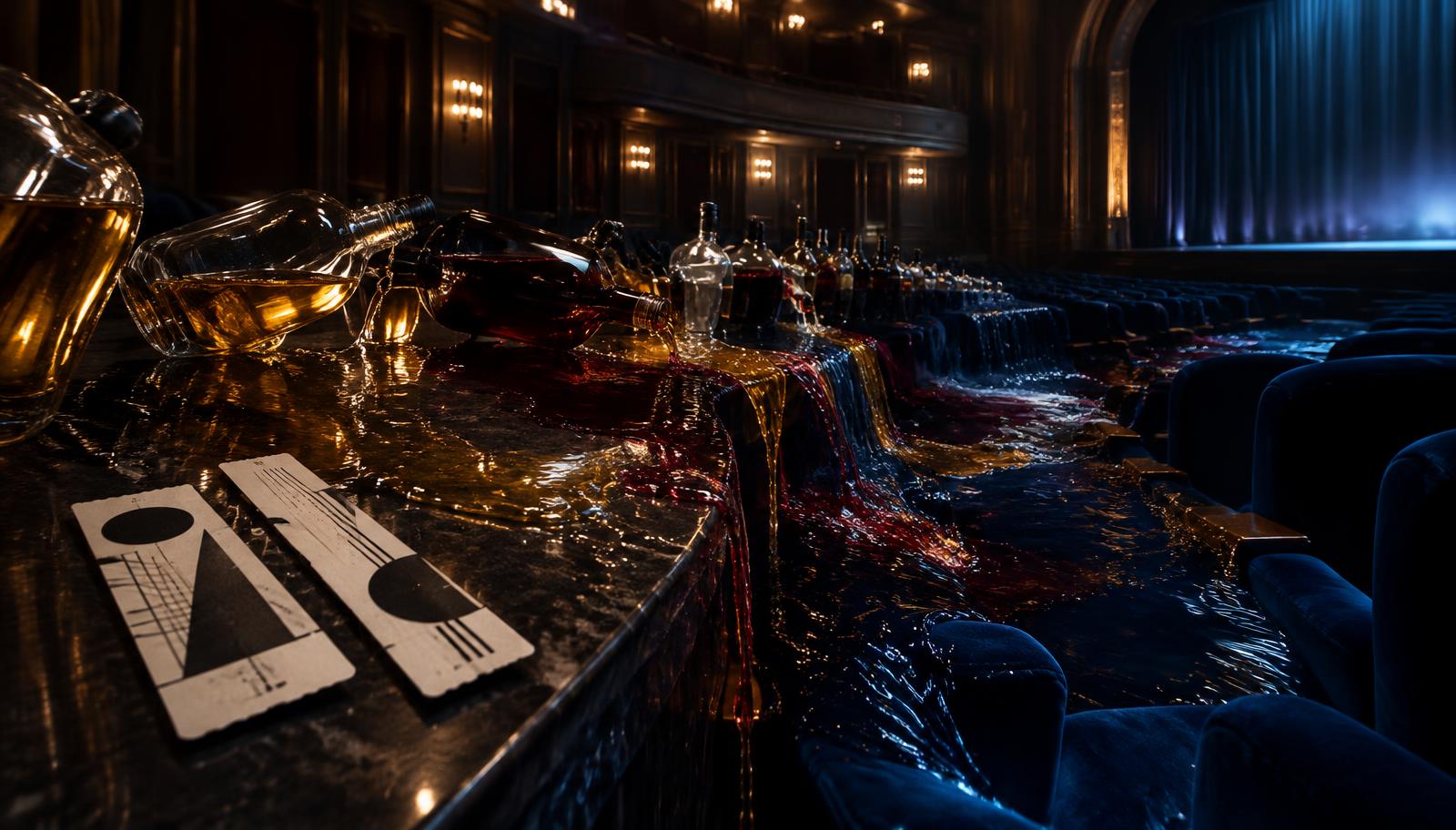 Photorealistic surreal cinematic interior of a dim luxurious theater, two minimalist black-and-white performance tickets with purely abstract geometric designs resting beside many glass wine and liquor bottles, bottles toppling in a domino chain, amber and burgundy liquid cascading over a table and merging into a deep blue flood across velvet seating, tactile paper and glass details, dramatic low-key lighting, wide-angle composition, no readable text, no logos, no facial close-ups.