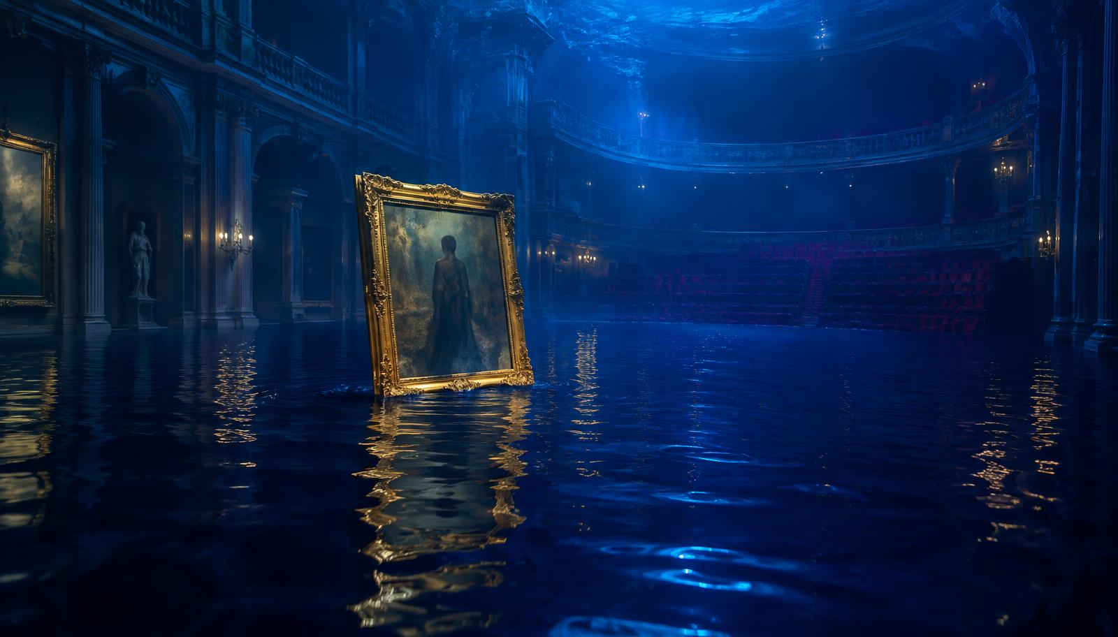 Photorealistic surreal cinematic vision of a gilded framed painting floating on an immense deep blue sea of wine inside a grand Louvre-like museum gallery merging with a submerged theater, indistinct full-length human silhouette painted within the canvas, gentle ripples catching muted gold reflections, distant velvet seats beneath translucent liquid, dreamlike stillness, atmospheric blue lighting, wide shot, no facial close-ups, no readable text, no signage.
