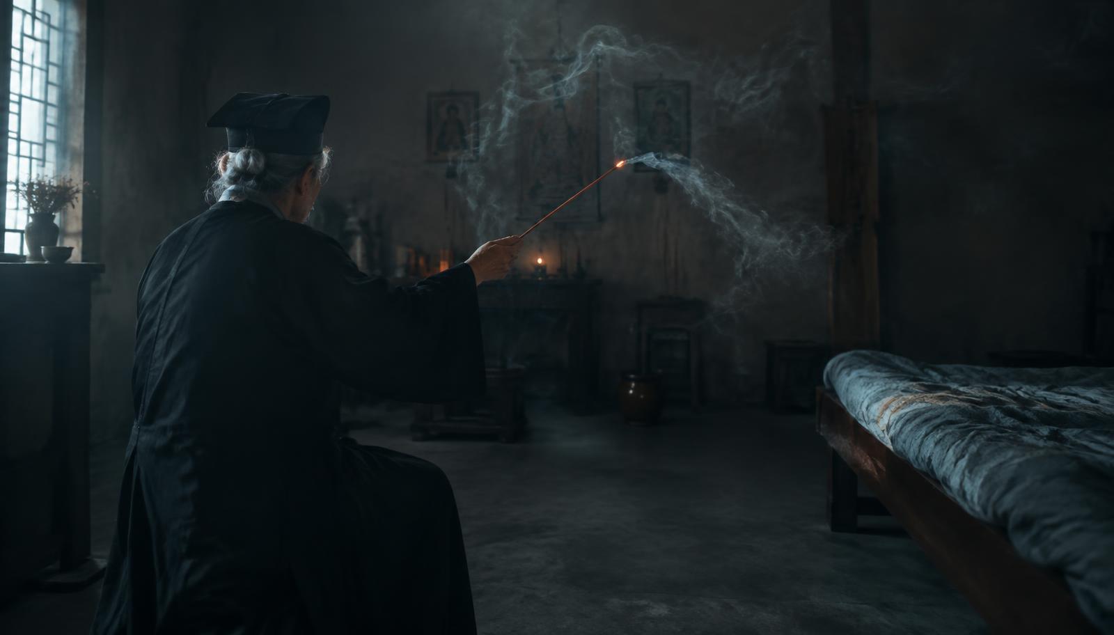 Photorealistic surreal cinematic wide shot of a dim, dreamlike room, an elderly grandmother dressed as a Taoist nun seen from behind and slightly to the side, gently waving a slender red incense stick before an unseen dreamer, glowing ember tracing faint arcs through suspended smoke, muted gray walls, cool floor, intimate unsettling atmosphere, soft volumetric lighting, no facial close-ups.
