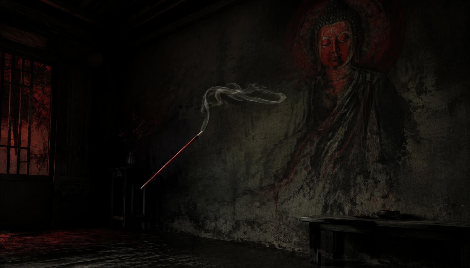 Photorealistic surreal cinematic wide composition of a shadowy room, a red-faced Buddha image on the wall with faint robe-shaped shadows dissolving into the plaster, a red incense stick apparently suspended in the foreground, delicate smoke connecting the empty space to the wall, restrained crimson and charcoal palette, uncanny stillness, detailed textures, no facial close-ups.