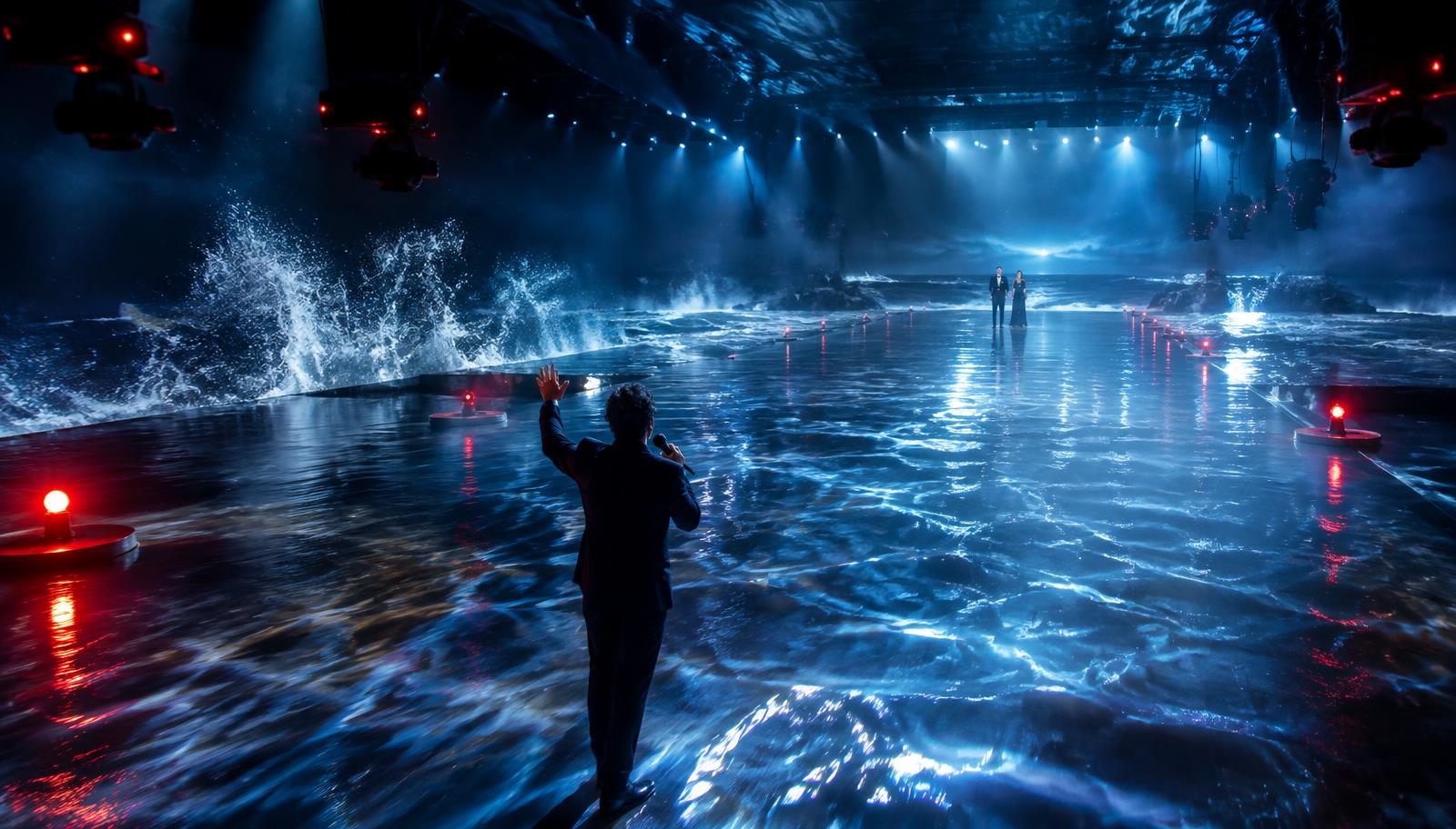 Photorealistic surreal cinematic television soundstage transforming into a nocturnal sea, solid glossy floor rippling like tidal water, camera tally lights glowing like red buoys, overhead lighting rigs casting fishlike shadows, a performer seen from behind holding a microphone and raising one hand toward two distant hosts, an impossibly elongated stage, luminous sea spray in theatrical light, wide shot, no facial close-ups, no readable text, no logos.