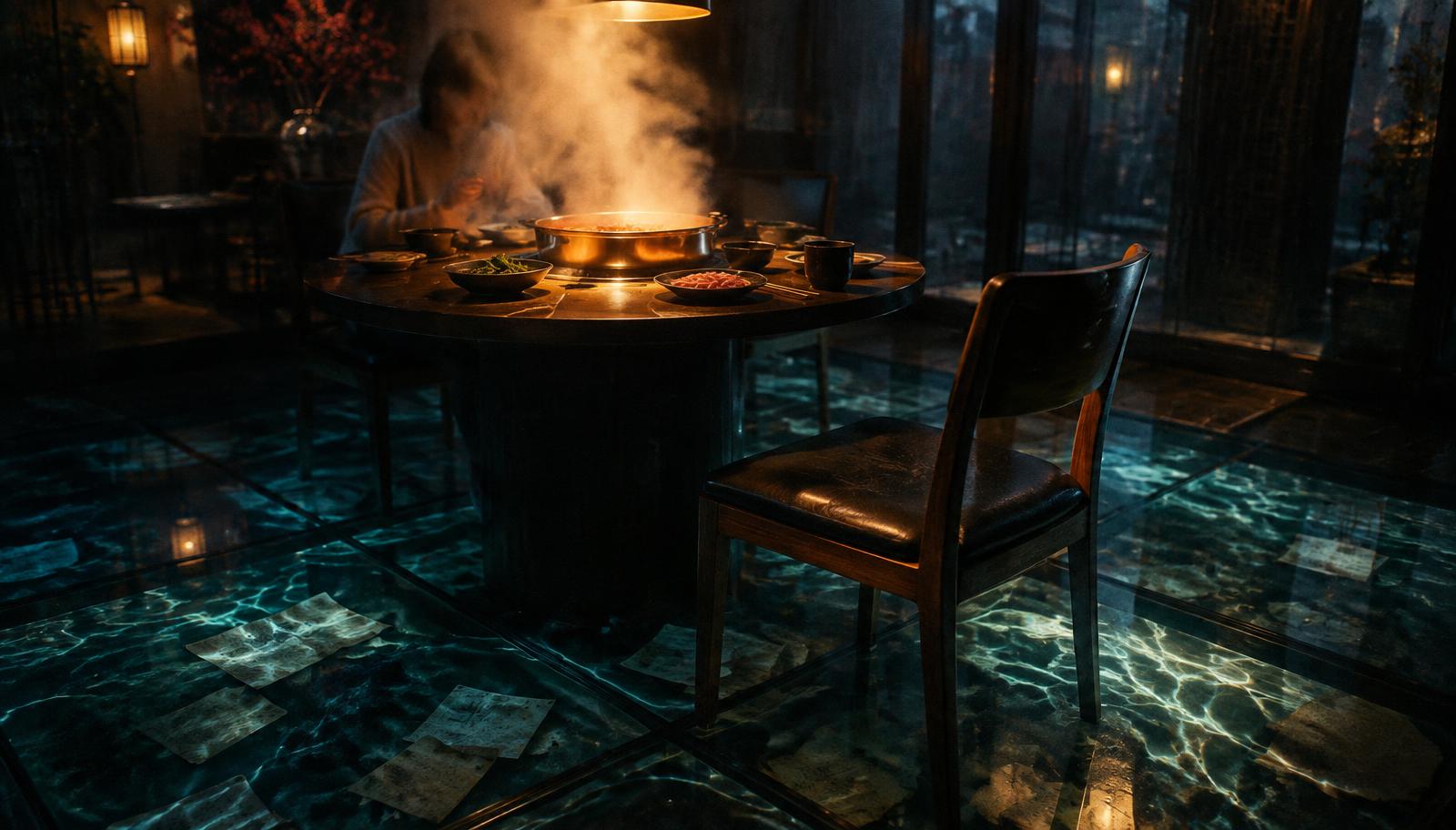 Surreal photorealistic interior of a hot pot restaurant, a boiling pot illuminating a table, an anonymous companion obscured by white steam, transparent floor revealing waterlogged sheets of paper below, one empty chair sharply in focus, warm tungsten light against cold shadows, emotional isolation, fine photographic grain, no readable text.