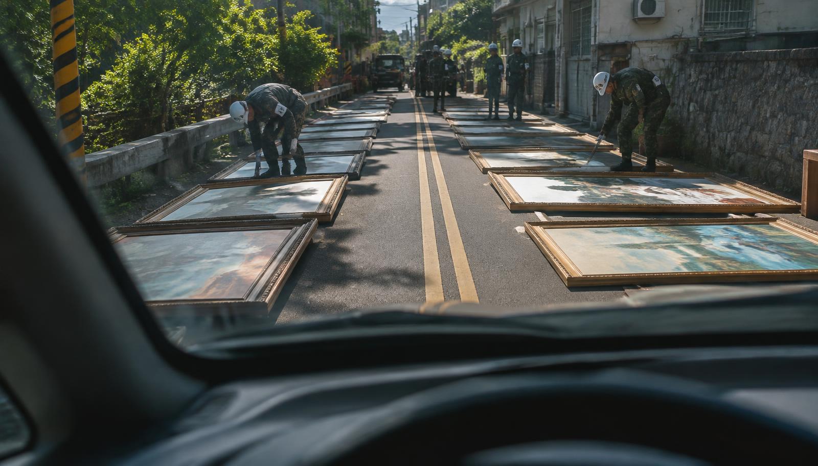 Photorealistic surreal photography from inside a car on a sunlit Taiwanese road, a large group of military police carrying oversized framed oil paintings and carefully laying them on the asphalt to dry in the sun, only one narrow vehicle passage remaining, uncanny museum-like arrangement across the street, realistic uniforms and strong afternoon shadows, no text, no captions, no watermark.