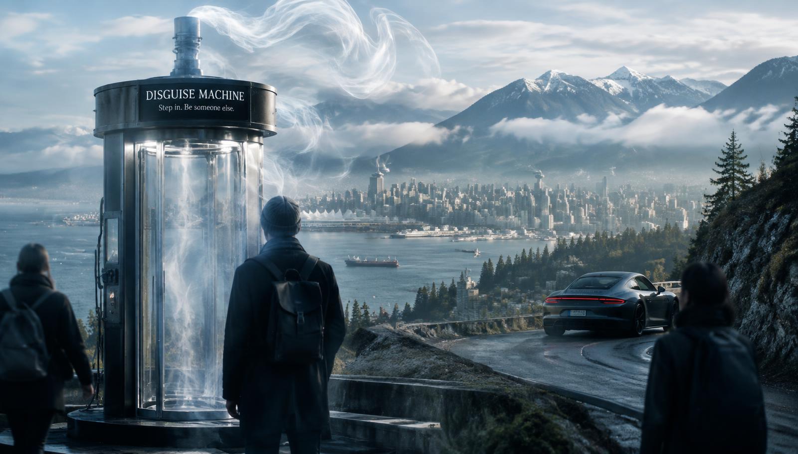 Photorealistic surreal cinematic scene in dreamlike Vancouver, a mysterious disguise machine releasing translucent curling smoke, distant mountains with a sports car parked on a winding hillside road, anonymous travelers seen from behind, cool misty daylight, reflective windows, atmospheric depth, wide shot, no facial close-ups.