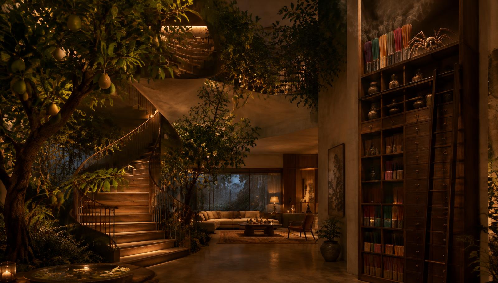 Photorealistic surreal cinematic hotel interior, a spiral staircase surrounded by guava trees leading into a warm living room, an impossibly tall storage cabinet holding colorful incense on its highest shelf, a large spider resting quietly beside the incense, faint aromatic smoke, amber lighting and deep shadows, wide architectural composition, no facial close-ups.