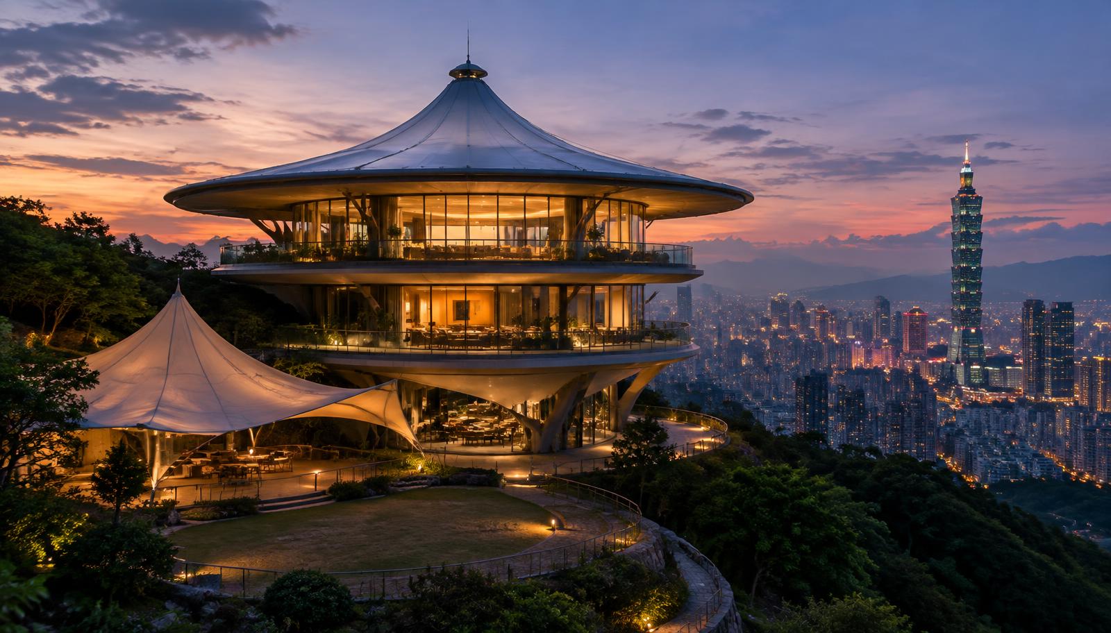 Surreal photorealistic architectural photography of a three-story UFO-shaped landmark building on Yuanshan overlooking Taipei at dusk, a courtyard with an unusual fabric tent, softly glowing city windows below, curved architecture beneath a pliable textile roof, tactile fabric details, atmospheric twilight, cinematic wide-angle composition, no text.