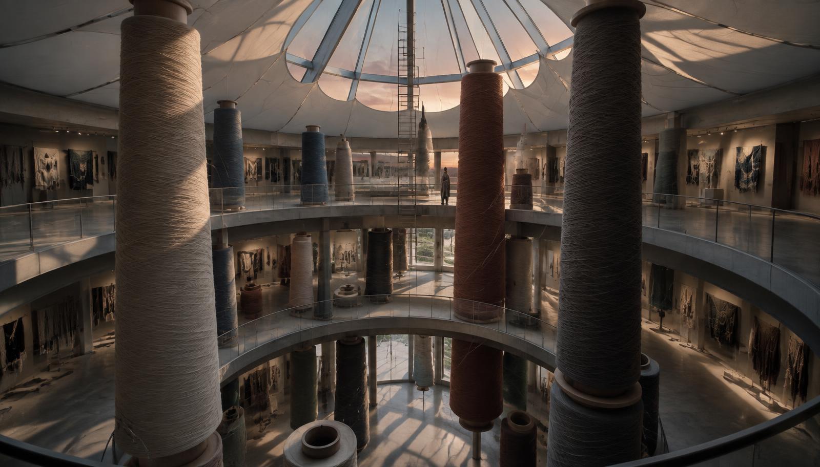 Surreal photorealistic interior photography of a textile exhibition inside a three-story circular building, enormous spools of thread rising through all three floors, a second-floor skylight casting a quiet geometric patch of dusk light, a soft roof membrane overhead and a ladder descending from the rooftop, intricate fibers, vertiginous perspective, muted colors, dreamlike architectural realism, no text.