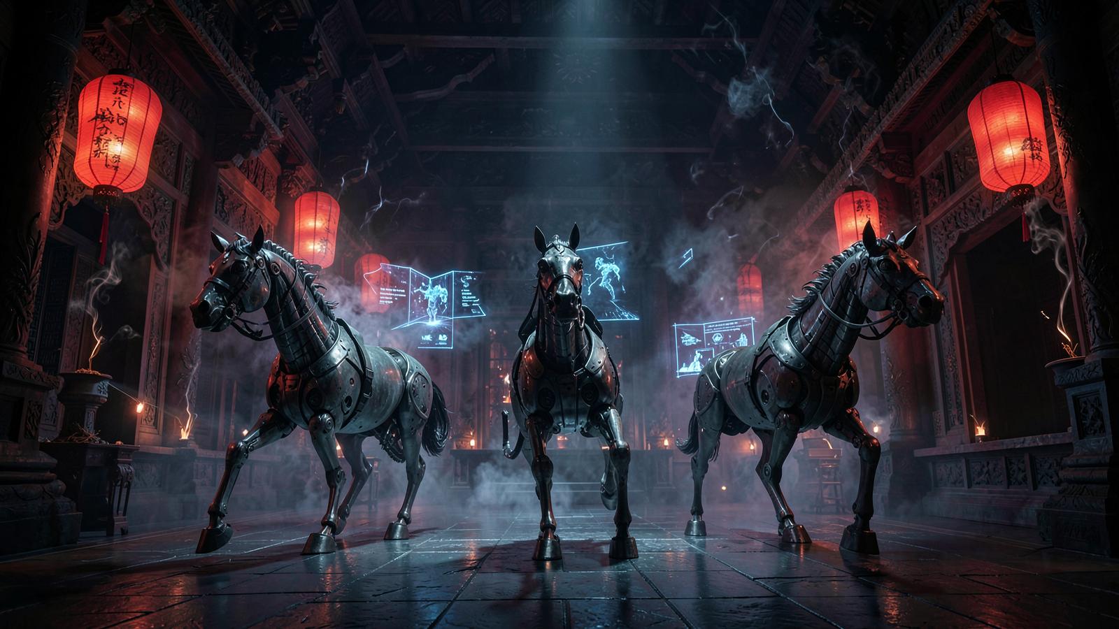 A vast traditional East Asian temple interior fused with futuristic cyberpunk holograms, floating 3D neon projections above stone altars, three giant mechanical brass horses galloping violently in an enclosure, moody dark atmospheric lighting, volumetric incense smoke, cinematic, surreal, photorealistic.