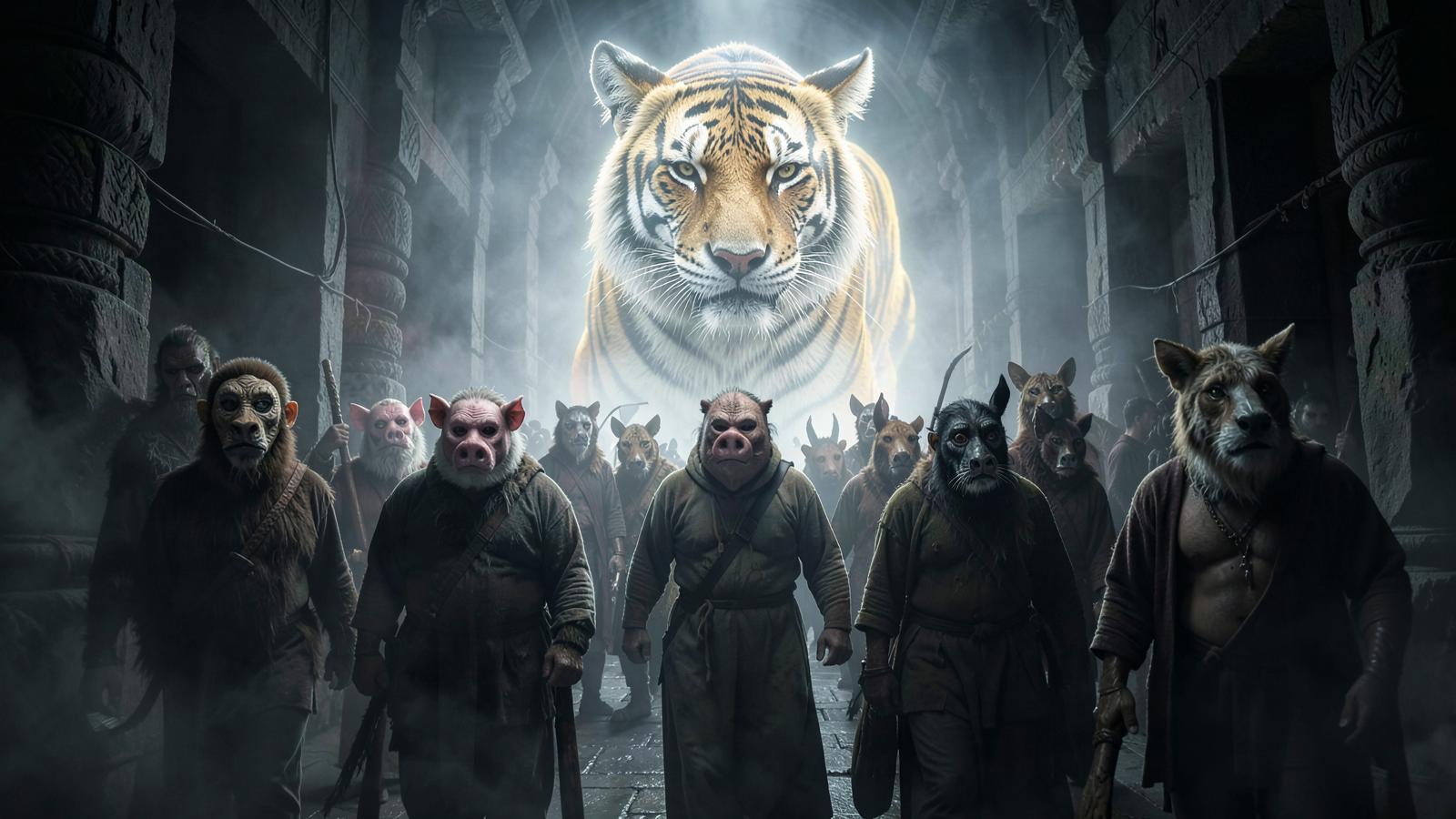 A narrow corridor inside an ancient Taoist shrine where a colossal translucent holographic tiger floats menacingly in the dark, devotees wearing realistic animal masks like pig, monkey, and horse kneeling in ritual prayer, cinematic lighting, photorealistic, surreal atmosphere.