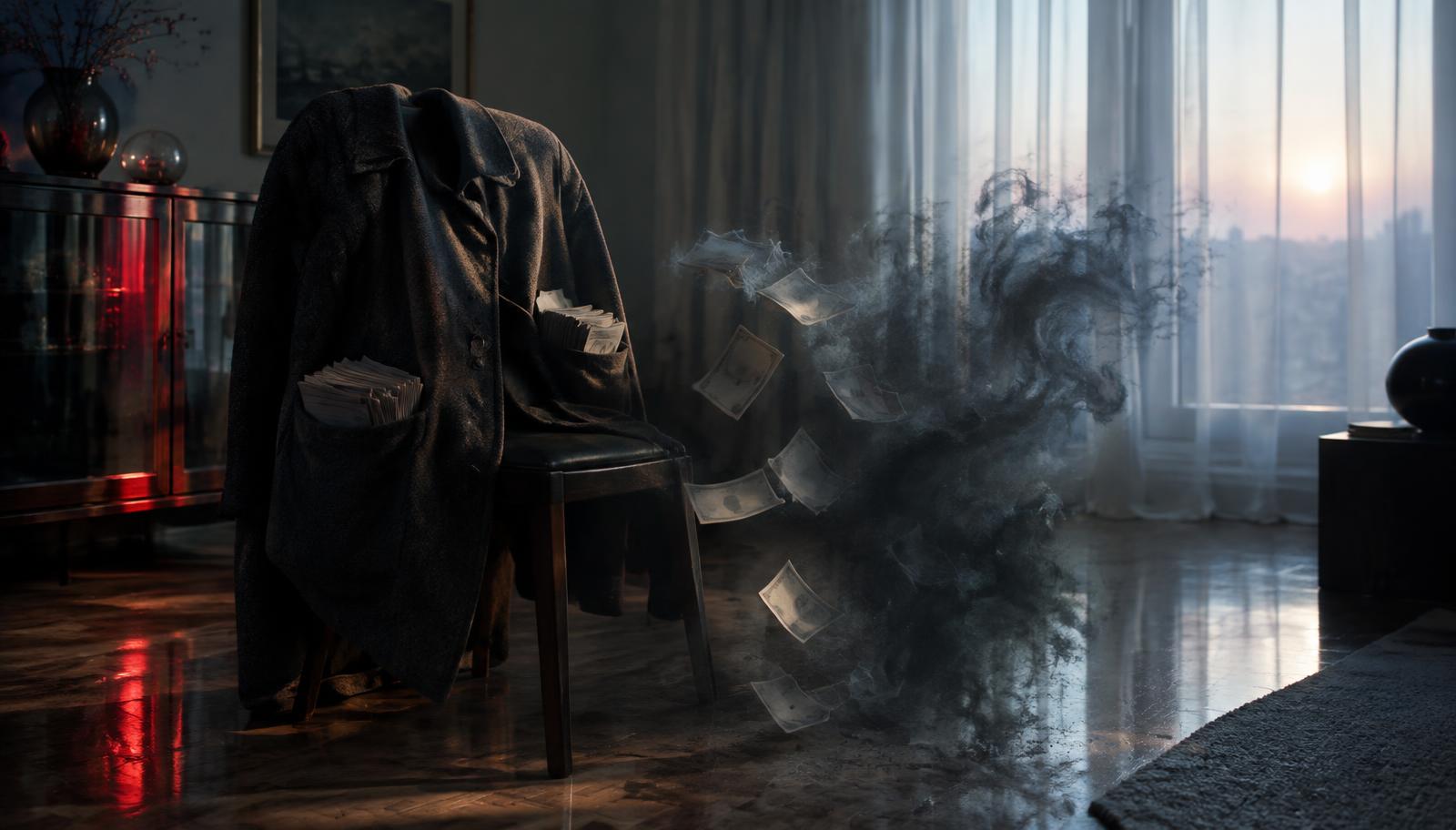 Photorealistic surreal cinematic still life in a quiet room at dawn, a heavy coat with bulging pockets draped over a chair, unmarked banknotes dissolving into dark mist above the floor, pale morning light through curtains, subtle red reflections in glass, dreamlike unease giving way to stillness, no people, no readable text, no visible currency numerals.