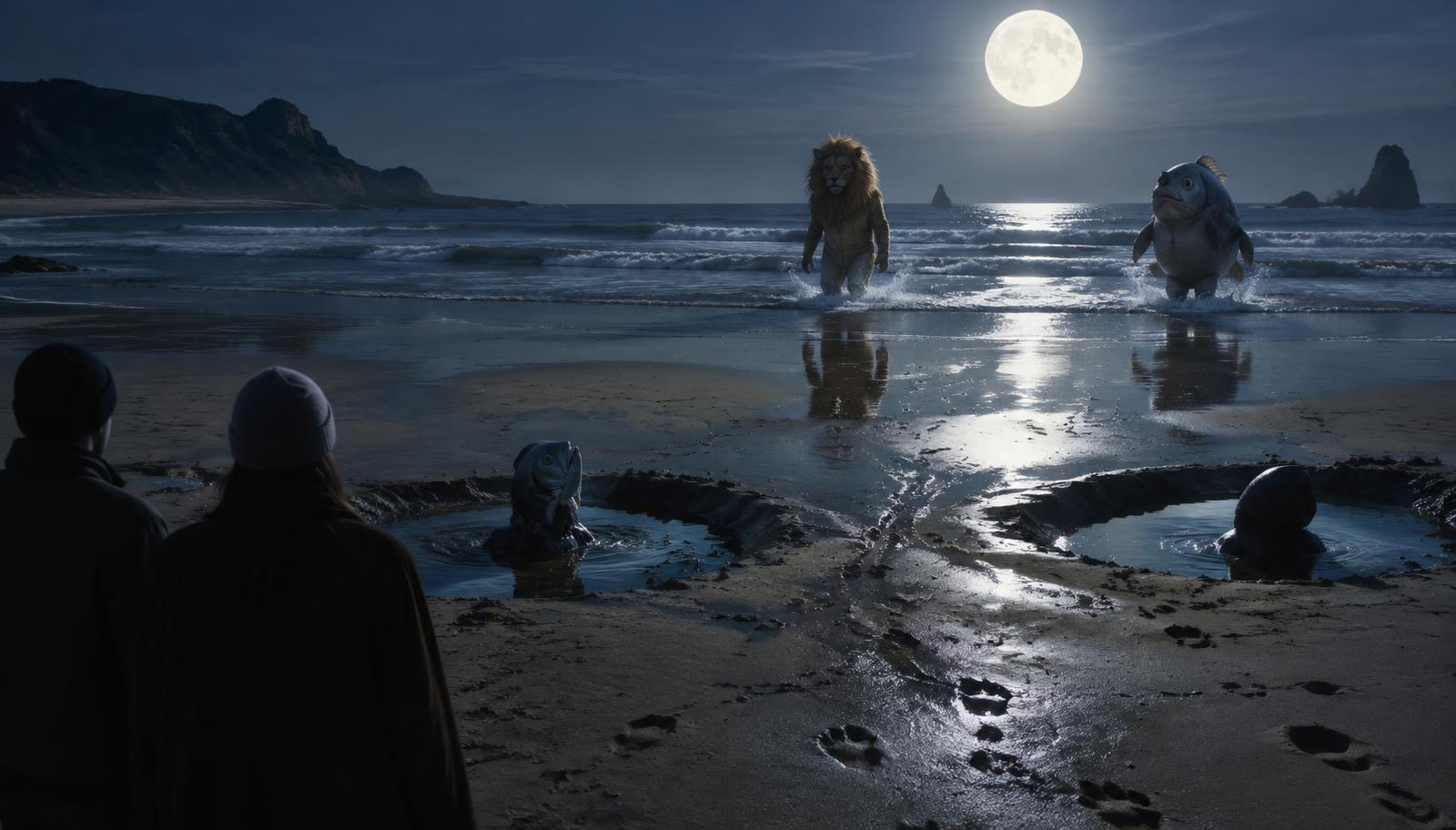 Photorealistic surreal cinematic wide shot of a beach beneath a full moon at low tide, two shallow holes in wet sand containing strange fish-headed silhouettes, whimsical lion and rounded fish costumes emerging from silver surf, ambiguous human footprints mingling with animal tracks, distant observers seen from behind, eerie reflective tidal pools, restrained non-graphic imagery, no facial close-ups, no readable text.