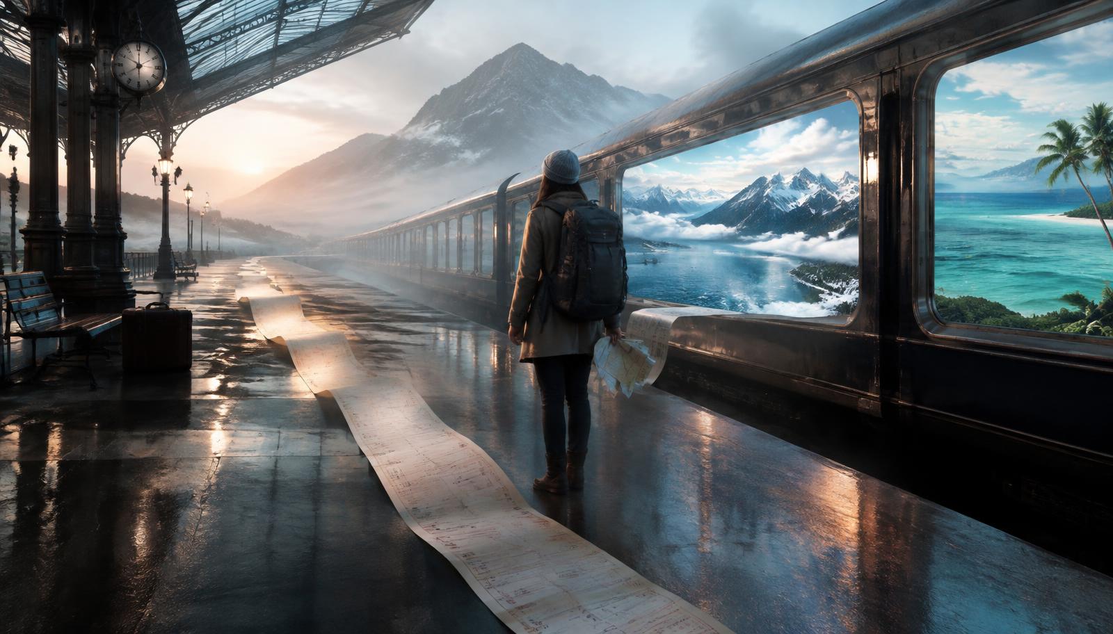 Photorealistic surreal cinematic scene of an unnamed railway station, an impossibly long damp paper ticket winding across the platform, train windows revealing snowy mountains and tropical oceans simultaneously, a lone traveler seen from behind holding folded maps, atmospheric mist, tactile details, soft dawn light, wide shot, no facial close-ups, no readable text.