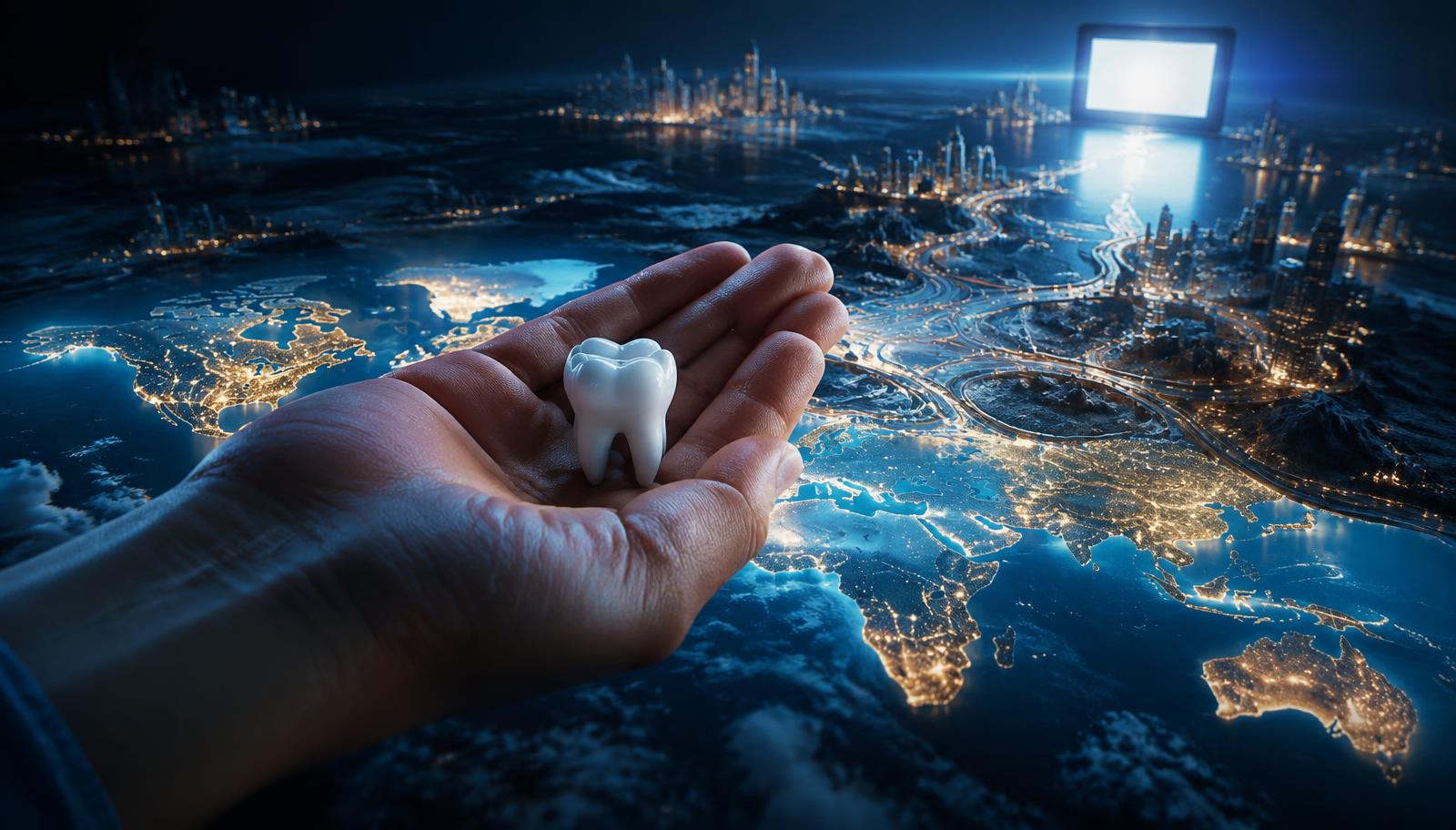 Photorealistic surreal cinematic image of an open palm holding a single clean white tooth above a luminous world map, miniature distant cities fading into darkness, tangled roads leading toward a blank glowing screen, cool blue light with warm reflections, dreamlike scale, intricate textures, no blood, no faces, no facial close-ups, no readable text.