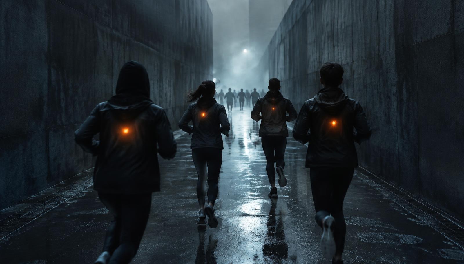 Photorealistic surreal cinematic scene of a small group of anonymous runners seen from behind in a narrow rain-damp gray passage, faint soul lights glowing beneath their clothing at chest level, wet mirrorlike pavement, cold mist, distant pursuing silhouettes, atmospheric volumetric lighting, wide-angle composition, no facial close-ups, no readable text.