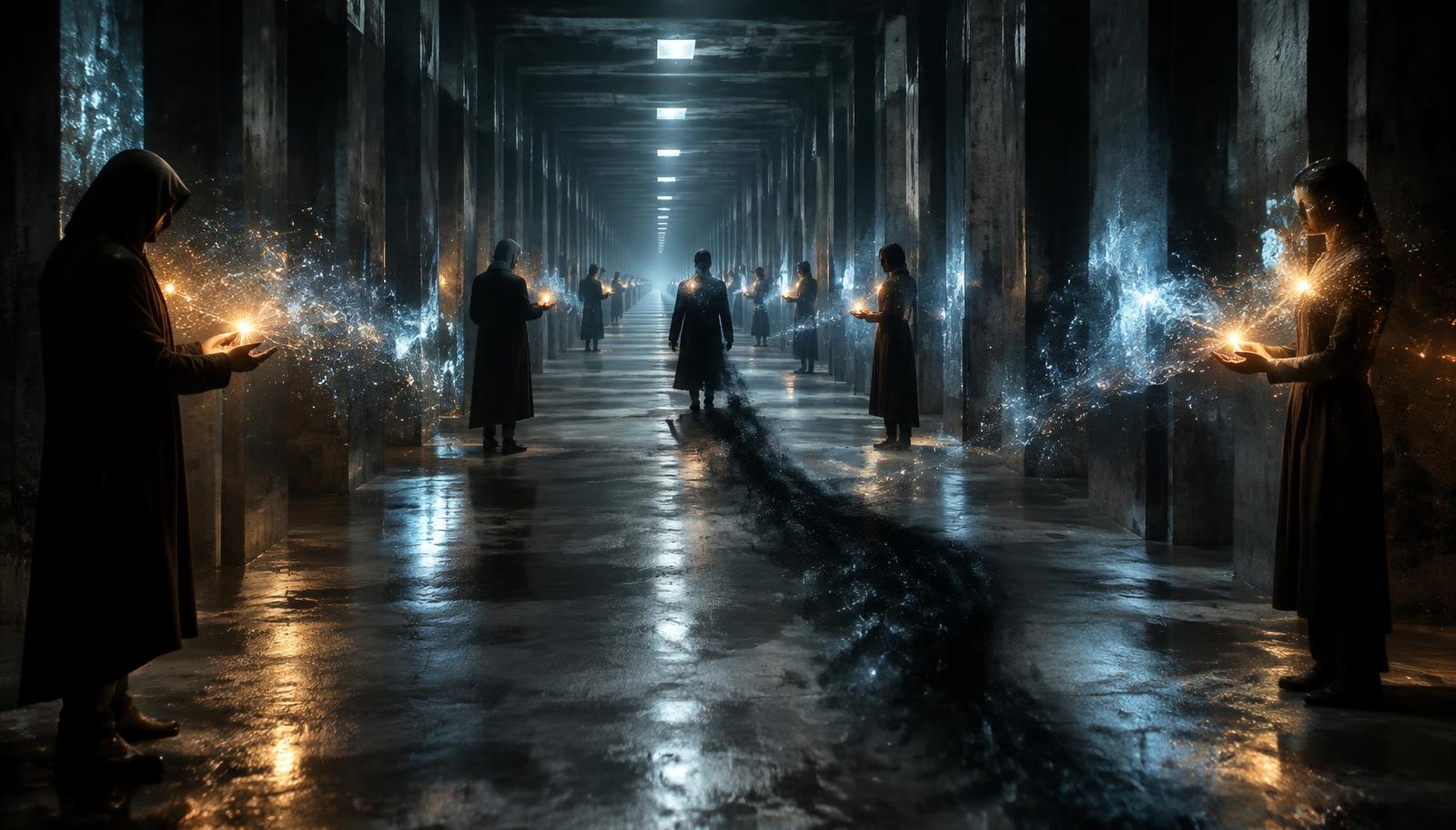Photorealistic surreal cinematic scene inside an endlessly repeating dark corridor, anonymous figures standing apart with outstretched hands, luminous particles flowing between their palms and chests, one shadow continuing forward independently of its motionless owner, subtle reflections on damp concrete, eerie silver-blue light with warm inner glows, wide shot, no facial close-ups, no readable text.
