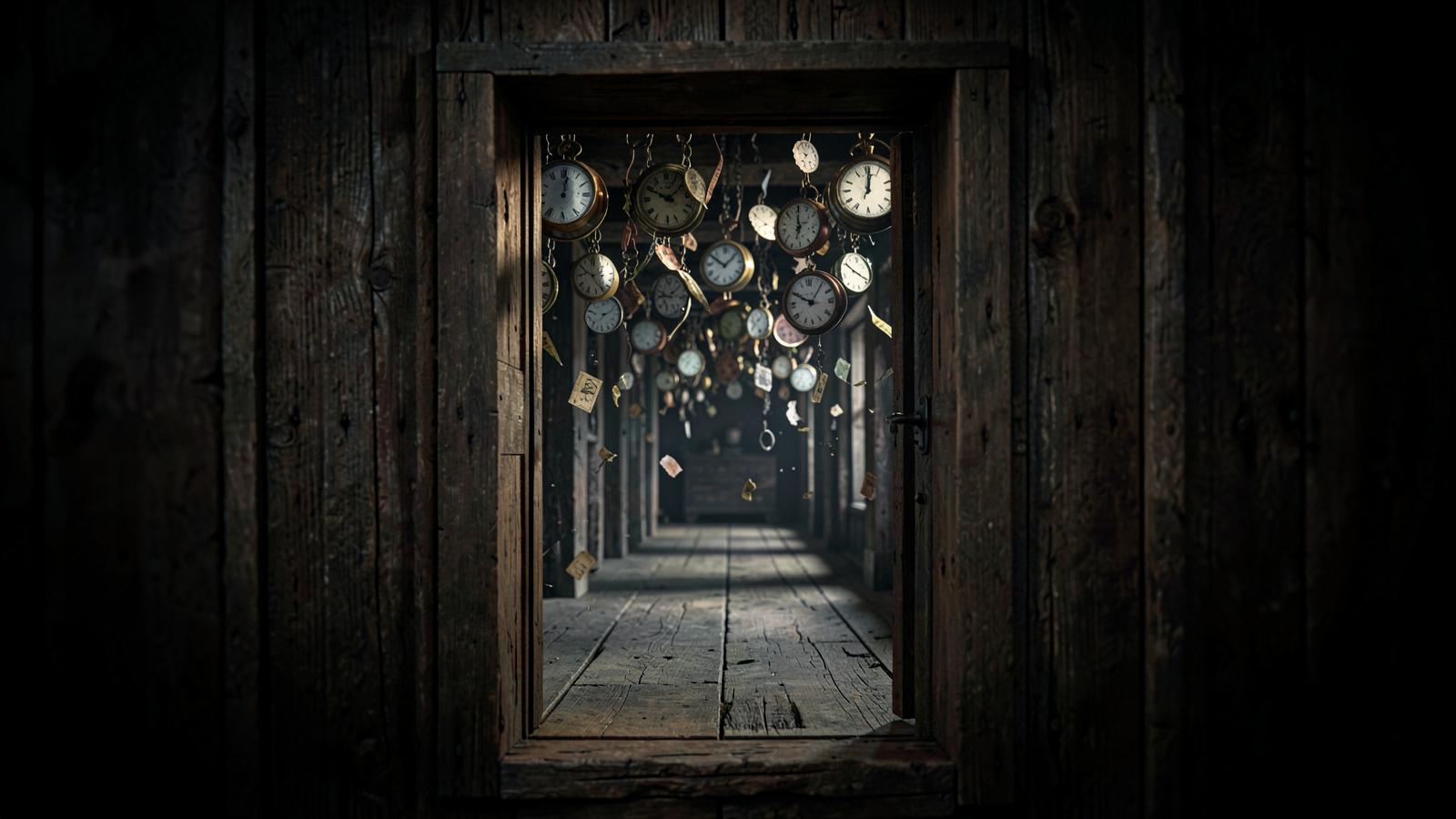 A hidden antique brass grandfather clock revealed inside a secret ornate wooden door, complex exposed spinning gears, dramatic chiaroscuro lighting, deep shadows, cinematic composition, surreal photorealism, 8k.