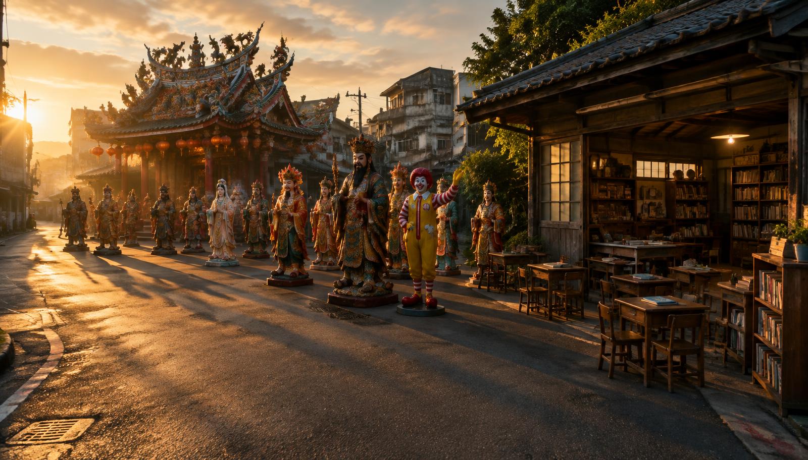 Photorealistic surreal cinematic street corner in an old Taiwanese neighborhood, a small temple extending onto the asphalt road, more than a dozen life-size deity statues arranged directly on the street alongside a Ronald McDonald statue, exquisite slanting golden light outlining their silhouettes, a nearby old house displaying child-sized wooden desks and bookshelves that blur into the roadway, beautiful yet precarious blind curve, uncanny calm, wide establishing shot, no human facial close-ups, no readable text, no signage, no watermarks.