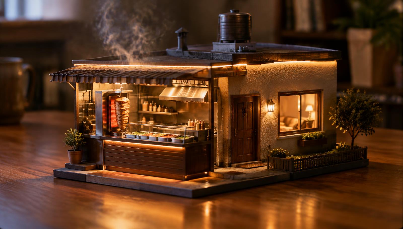 Photorealistic surreal cinematic miniature shawarma storefront adjoining a small home, extraordinarily detailed 3D-printed architecture with subtle layered textures, warm amber LED strips, tiny stainless steel food counter and vertical roasting spit, miniature window light spilling onto a tabletop, faint steam mysteriously rising from the model, shallow depth of field, tactile materials, no people, no readable text, no logos.
