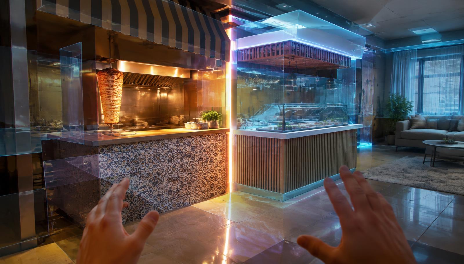 Photorealistic surreal cinematic first-person view through augmented reality glasses, a miniature shawarma shop expanding into a life-size home interior, two distinct storefront designs overlapping as misaligned translucent architectural layers, counters nearly connecting along a glowing seam, a stationary residential doorway between shifting spaces, warm cooking light contrasting with cool digital illumination, realistic tiles and reflections, no faces, no readable text, no logos.