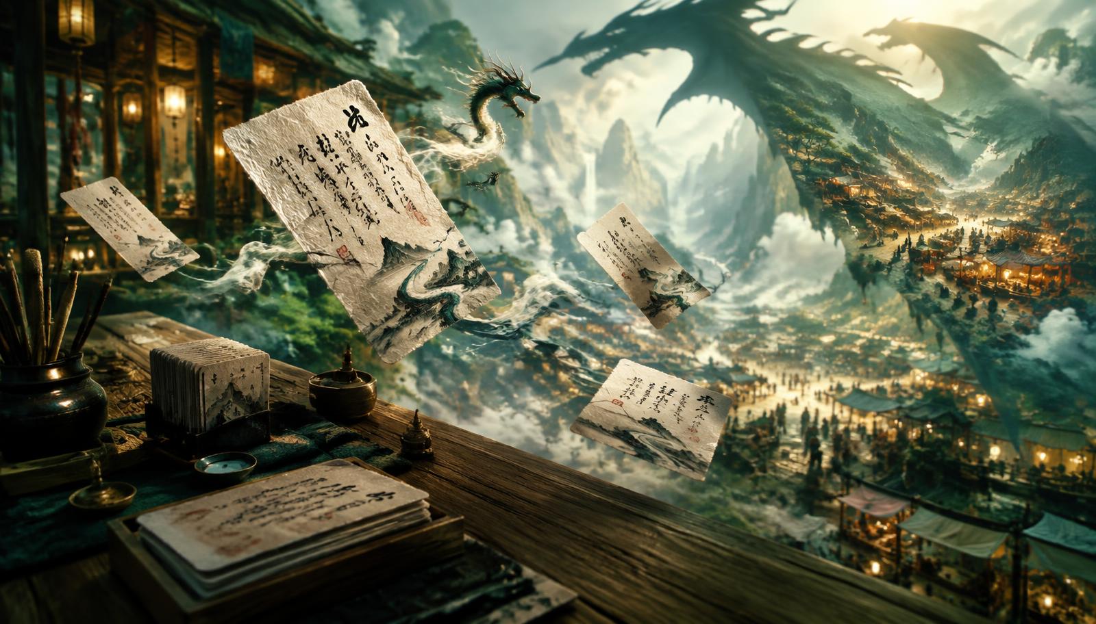 Handmade fiber-paper business cards with flowing Chinese poetic calligraphy floating above a wooden market table, ink strokes transforming into miniature mountain paths and a tiny serpentine dragon, a vast Western dragon wing shadow revealing a second miniature valley market beneath it, luminous mist, cool green and warm amber tones, photorealistic surreal cinematic, atmospheric depth, no close-up faces.