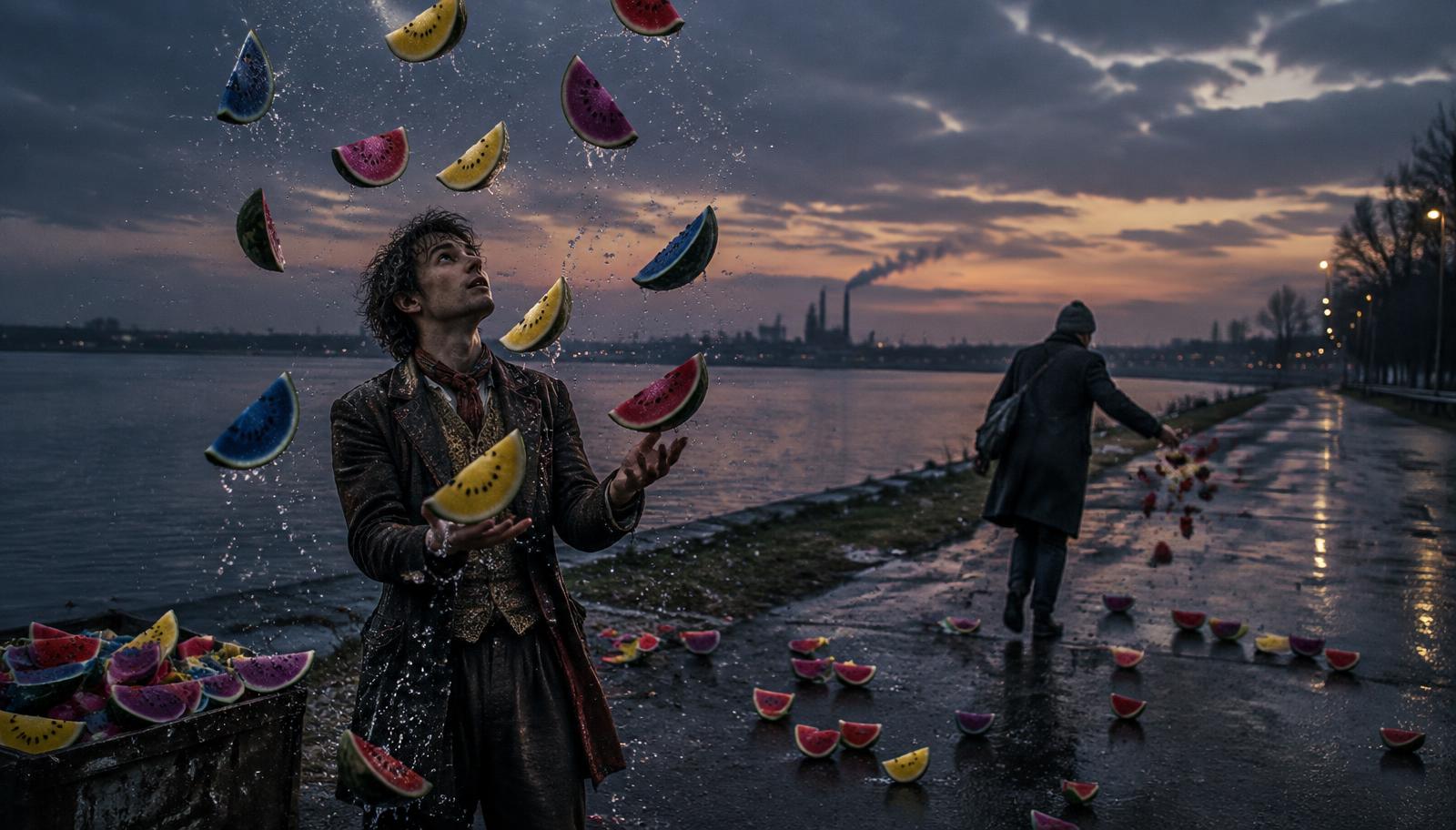 Surreal realistic street photography of a performer juggling dozens of rainbow-colored watermelon wedges beside a cold riverside road, blue purple yellow and red flesh, suspended droplets sparkling in the air, an anonymous departing figure scattering the wedges beyond the performer's reach, distant energy factories fading into darkness, physically detailed fruit textures, dreamlike suspended motion, muted twilight, no text.