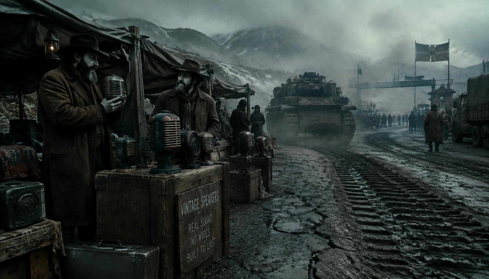 Cinematic wide shot of a desolate border smuggling market between mist and dust, enormous tank treads carved deep into the cracked asphalt, two bearded Western merchants displaying bizarre retro microphone-shaped speakers on wooden crates, gritty dark atmosphere, hyperrealistic, 35mm film photography, muted cold tones.