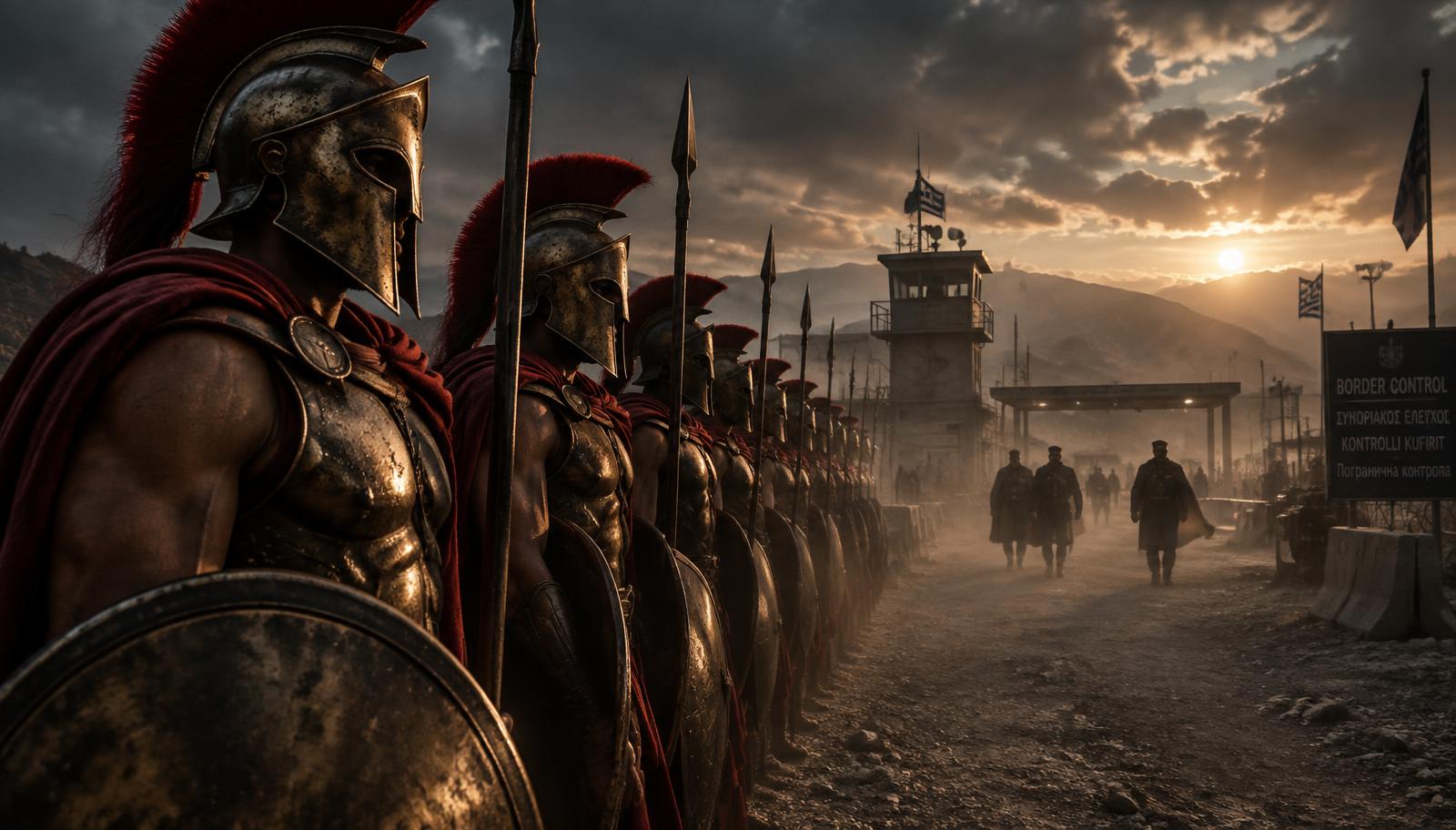 Surreal cinematic shot of ancient Spartan warriors in heavy bronze armor and crimson cloaks lining up in formation on a dusty modern geopolitical border outpost, distant military officers in uniforms approaching through haze, dramatic chiaroscuro lighting, dusk atmosphere, photorealistic, tense and cinematic.