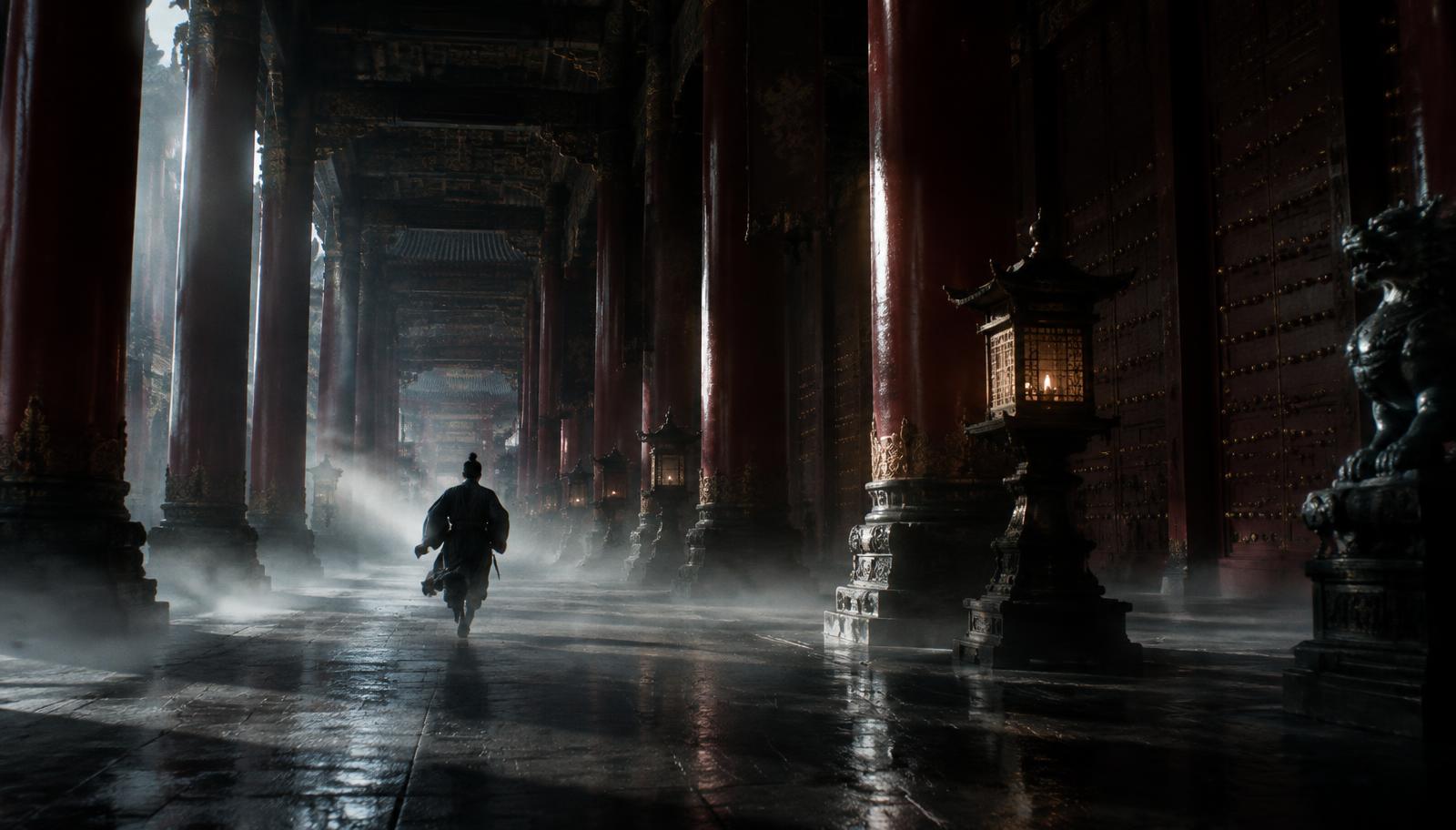Surreal cinematic wide shot of an endless ancient Chinese palace corridor with towering crimson pillars, dramatic chiaroscuro lighting, deep shadows, mist floating on the stone floor, a lone figure running desperately through the labyrinthine royal halls, 35mm film still, mysterious and oppressive atmosphere.