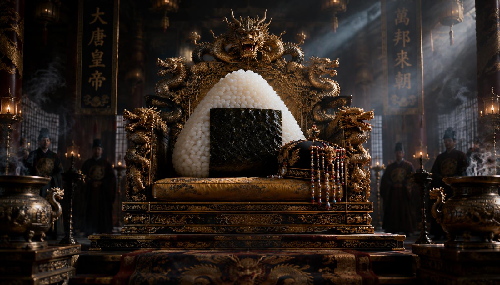 Cinematic eye-level shot inside an opulent, dark Tang Dynasty imperial throne room. On an ornate golden dragon throne sits a giant, pristine Japanese rice ball wrapped with a crisp black seaweed sheet, an emperor's beaded imperial crown resting beside it, shafts of dim volumetric light cutting through incense smoke, surreal photorealism, absurdly solemn.