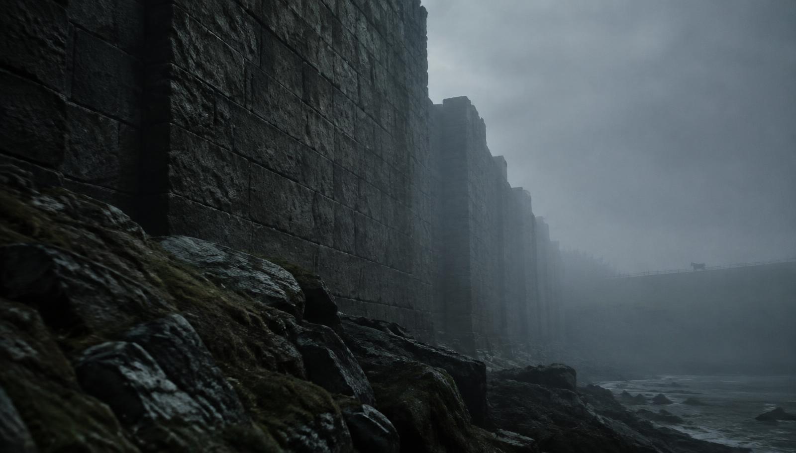 Massive towering megalithic stone walls stacked impossibly high by the foggy coastline, cinematic chiaroscuro, an equestrian field in the blurred distance, 35mm film photography, dark muted tones.