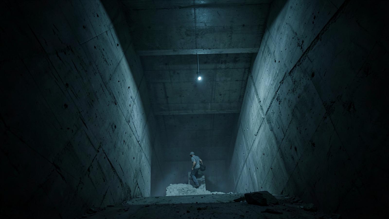A surreal cinematic shot of a massive, unfinished industrial freight elevator without doors descending into a dark concrete shaft, exposed rebar and dim atmospheric fog, cinematic lighting, photorealistic, moody and claustrophobic.